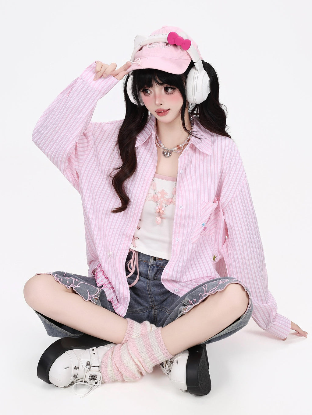 CRAZYGIRL Cute Cat Embroidery Striped Asymmetrical Hem Women's Breathable Blouses