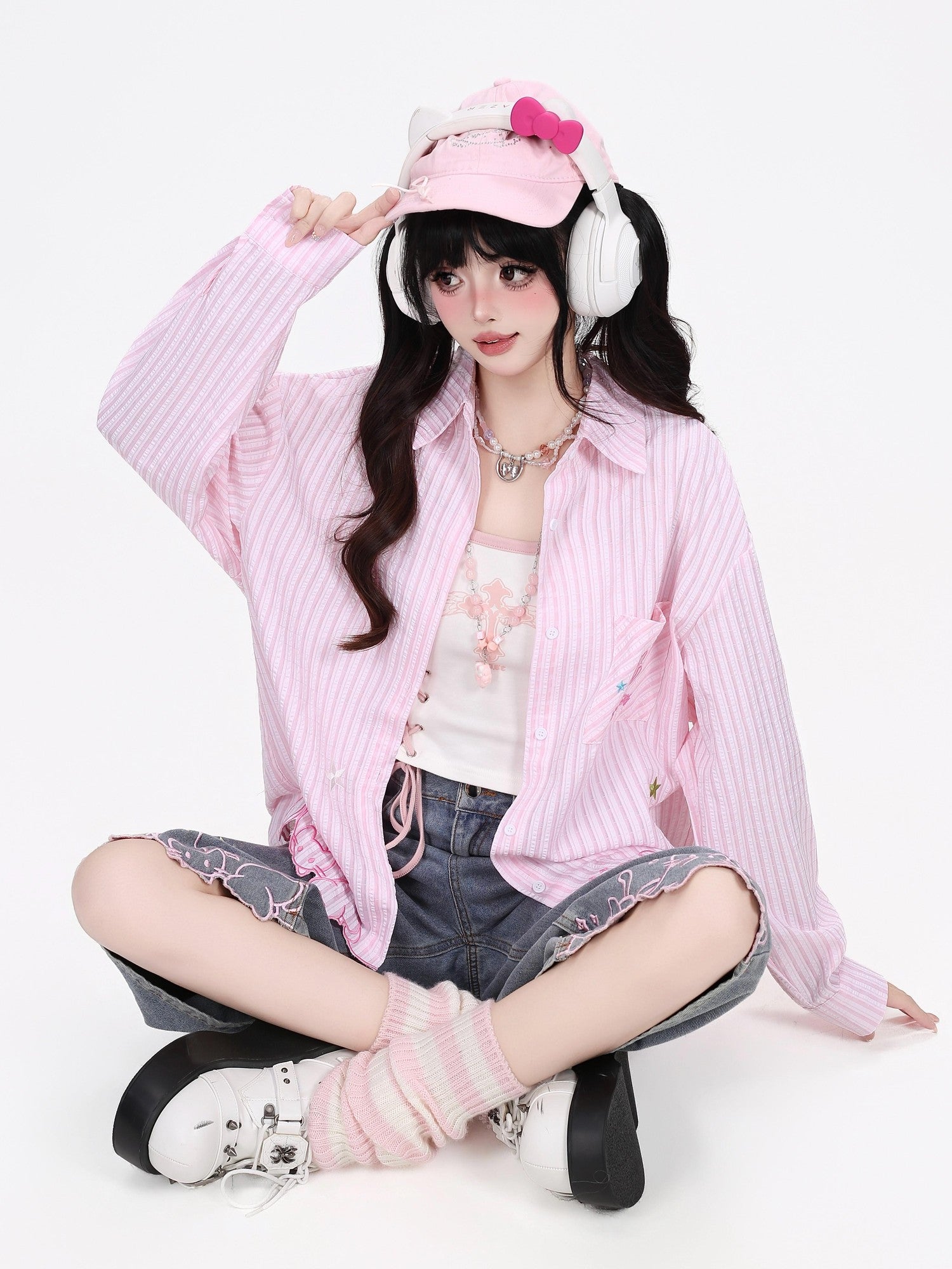 CRAZYGIRL Cute Cat Embroidery Striped Asymmetrical Hem Women's Breathable Blouses