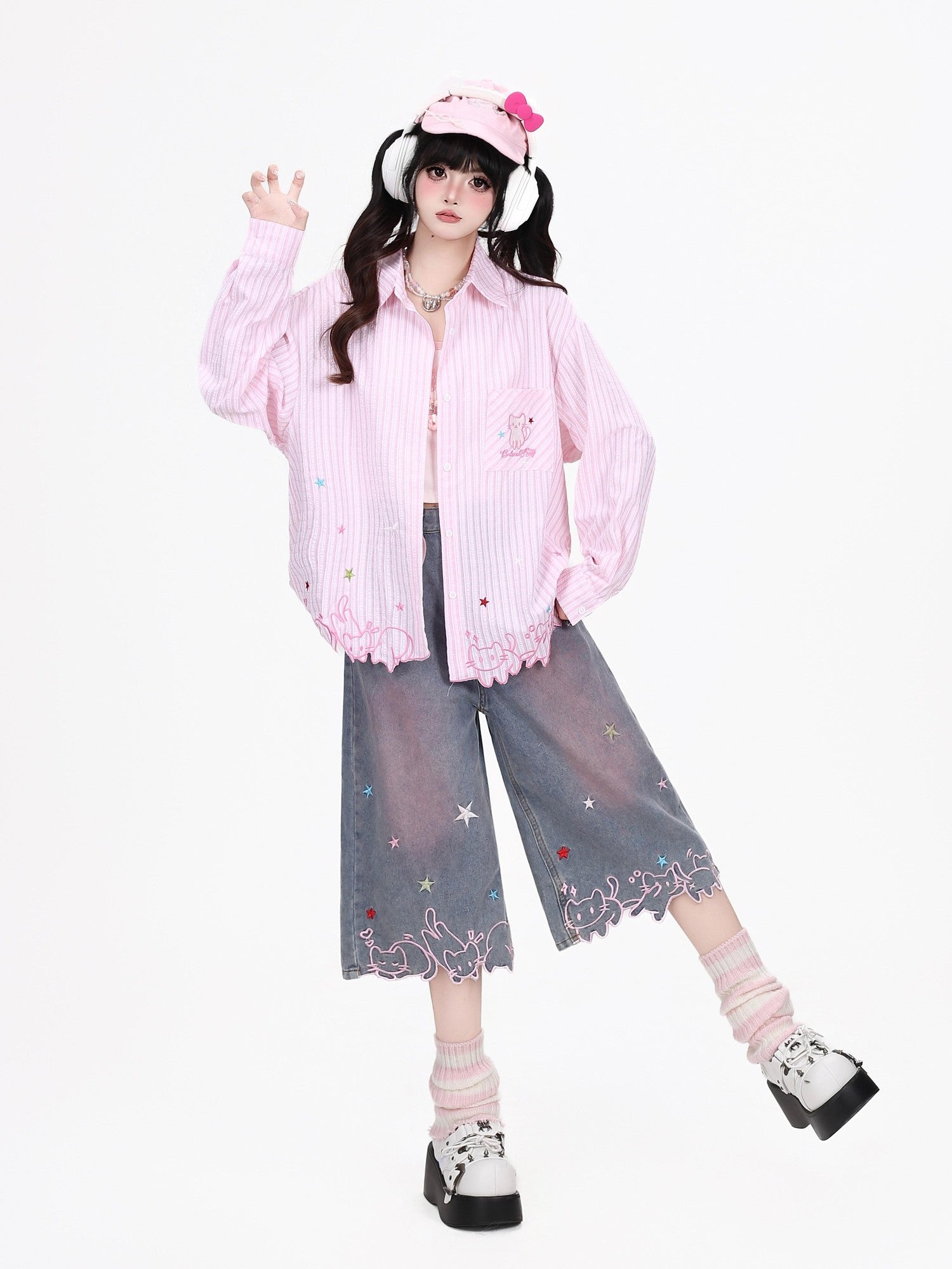 CRAZYGIRL Cute Cat Embroidery Striped Asymmetrical Hem Women's Breathable Blouses