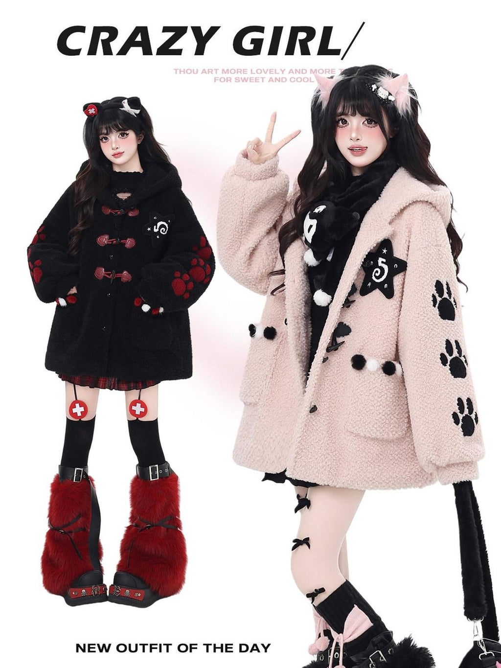CRAZYGIRL Cute Cat Paw Embroidery Hooded Women's Lamb Fleece Puffer Jackets
