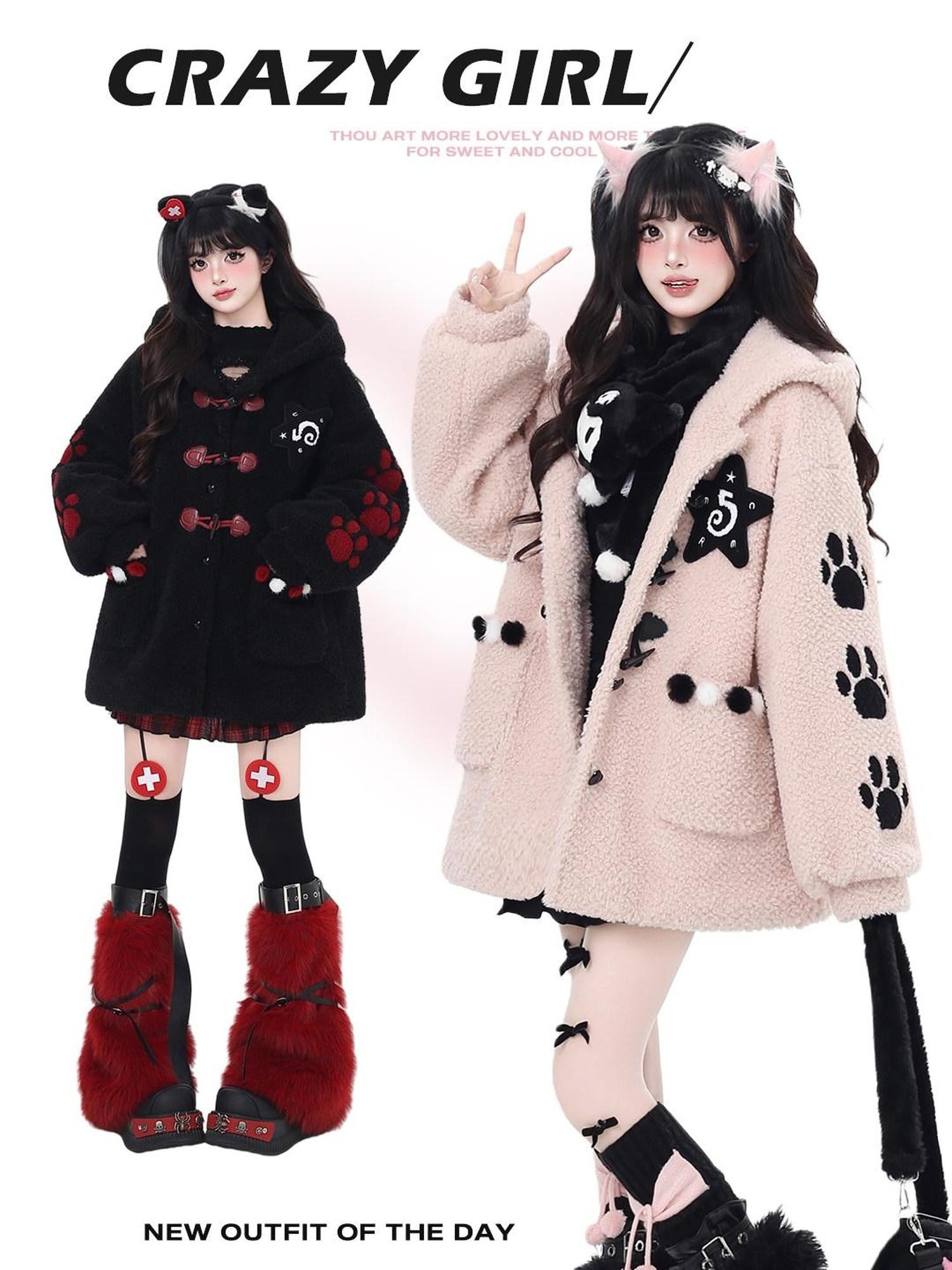 CRAZYGIRL Cute Cat Paw Embroidery Hooded Women's Lamb Fleece Puffer Jackets