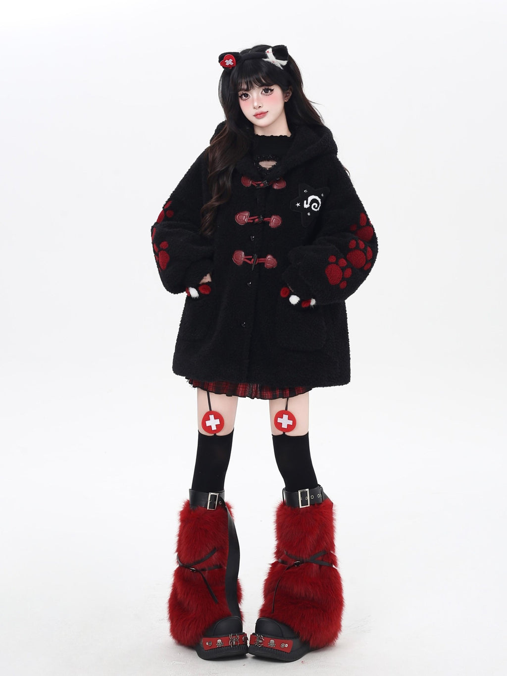 CRAZYGIRL Cute Cat Paw Embroidery Hooded Women's Lamb Fleece Puffer Jackets