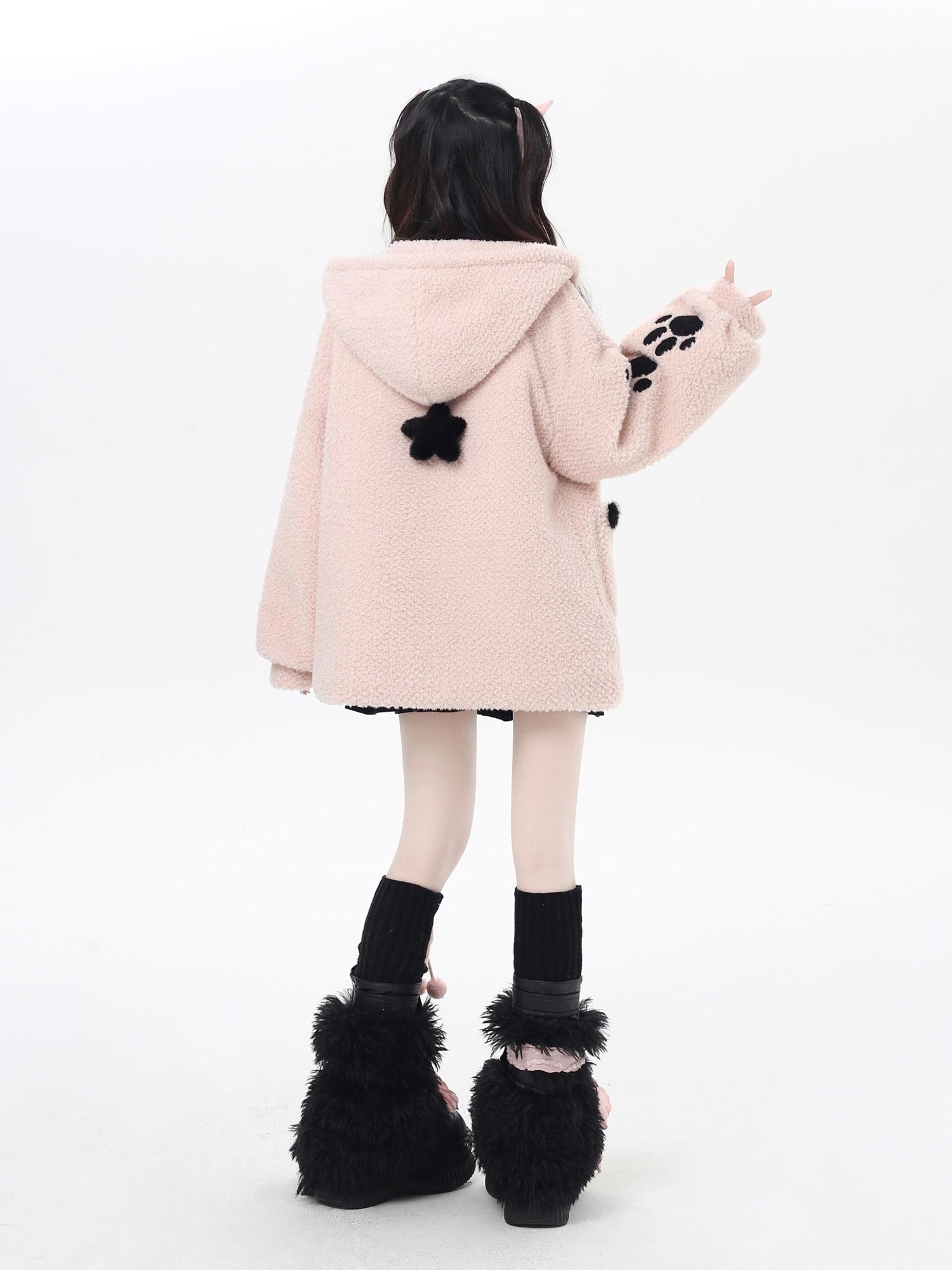 CRAZYGIRL Cute Cat Paw Embroidery Hooded Women's Lamb Fleece Puffer Jackets
