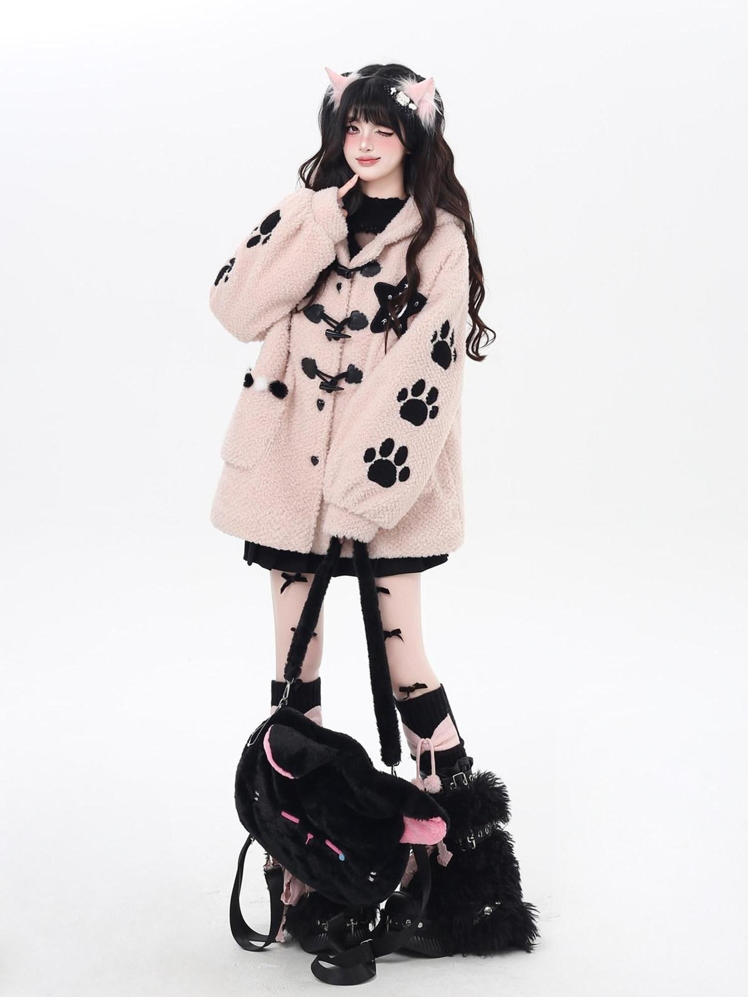CRAZYGIRL Cute Cat Paw Embroidery Hooded Women's Lamb Fleece Puffer Jackets