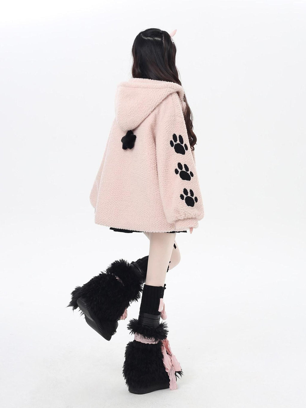 CRAZYGIRL Cute Cat Paw Embroidery Hooded Women's Lamb Fleece Puffer Jackets