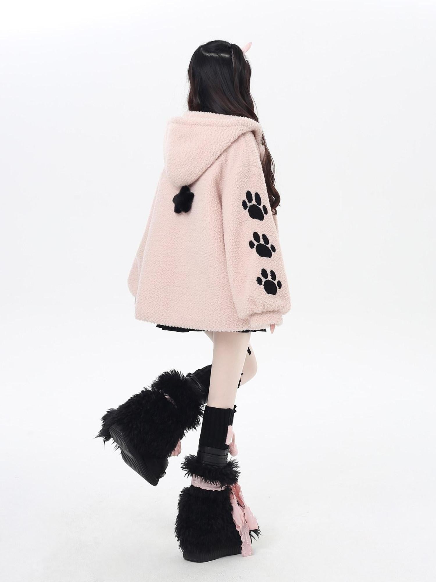 CRAZYGIRL Cute Cat Paw Embroidery Hooded Women's Lamb Fleece Puffer Jackets