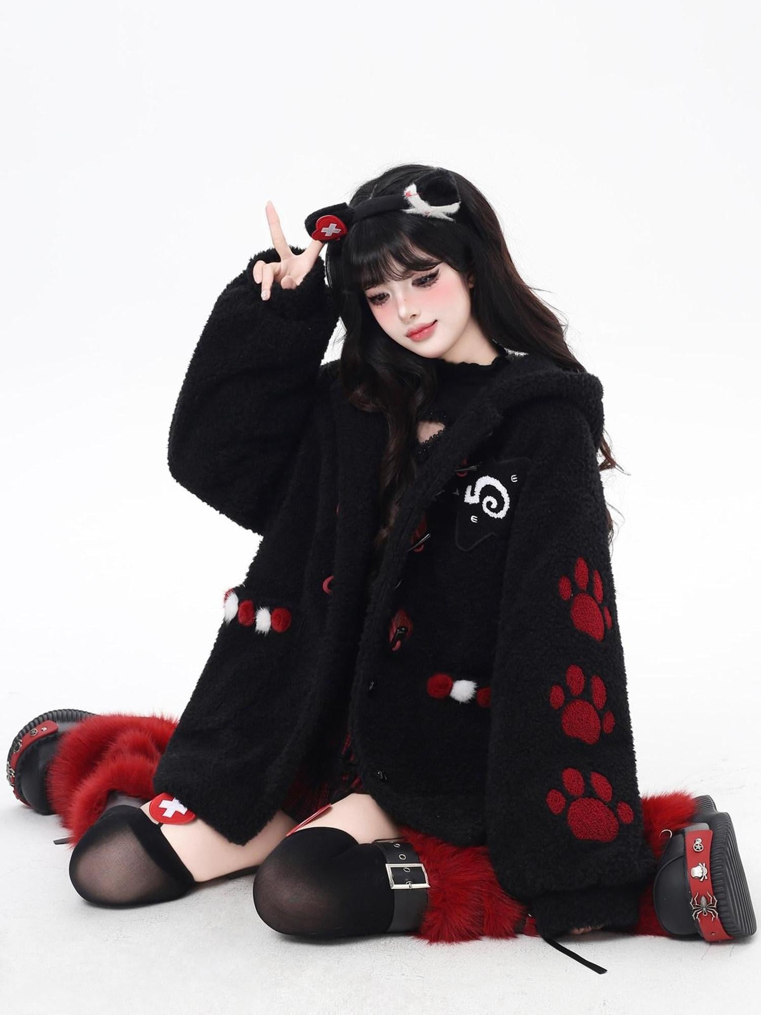 CRAZYGIRL Cute Cat Paw Embroidery Hooded Women's Lamb Fleece Puffer Jackets