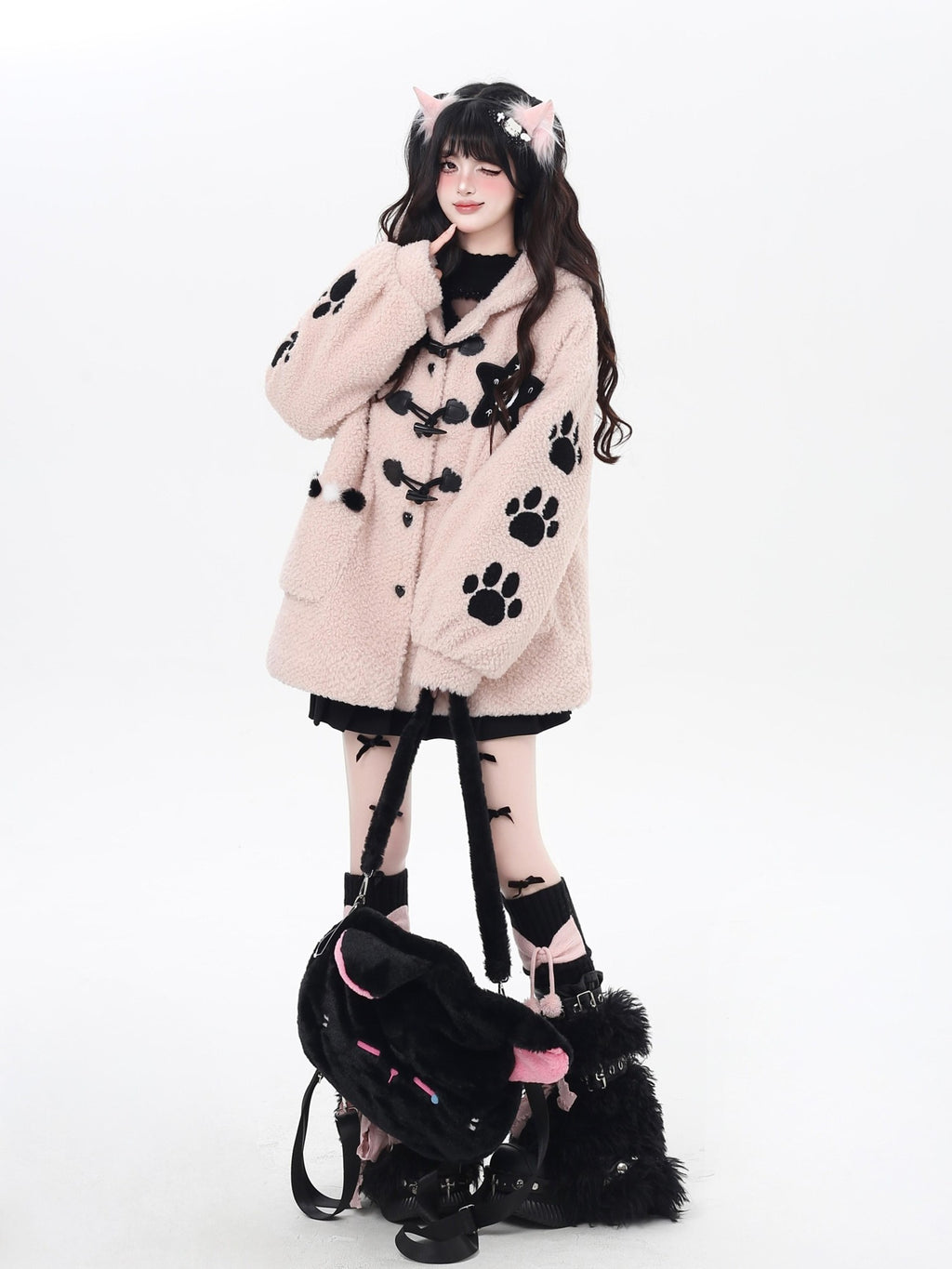 CRAZYGIRL Cute Cat Paw Embroidery Hooded Women's Lamb Fleece Puffer Jackets