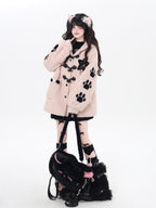 CRAZYGIRL Cute Cat Paw Embroidery Hooded Women's Lamb Fleece Puffer Jackets