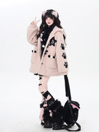 CRAZYGIRL Cute Cat Paw Embroidery Hooded Women's Lamb Fleece Puffer Jackets