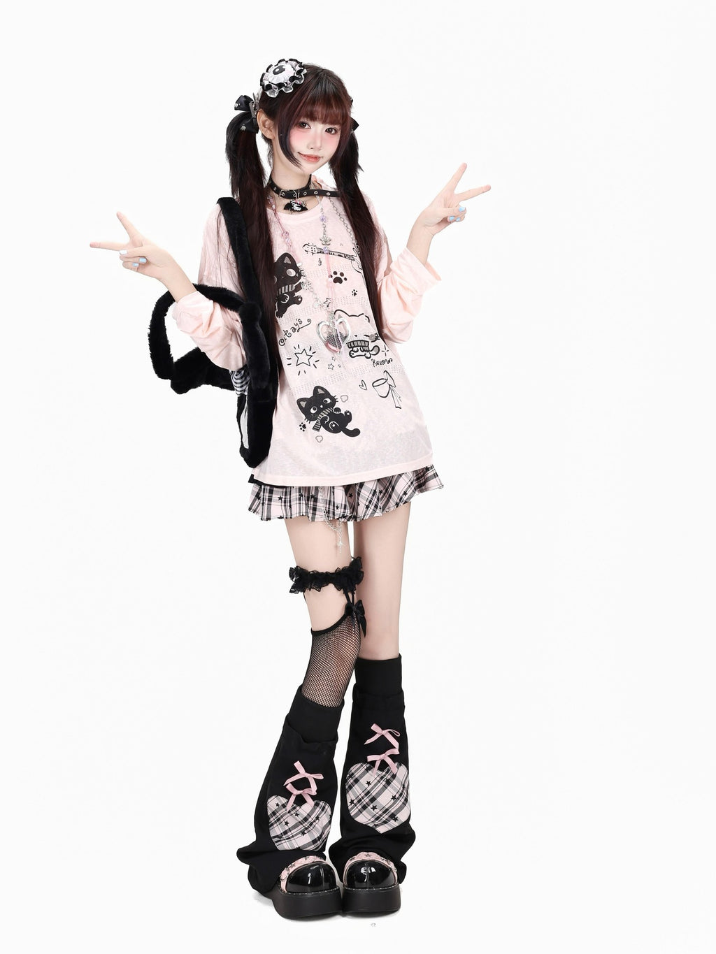 CRAZYGIRL Cute Guitar Kitten Printed Round Neck Loose Women's Sheer Long Sleeve T-shirts