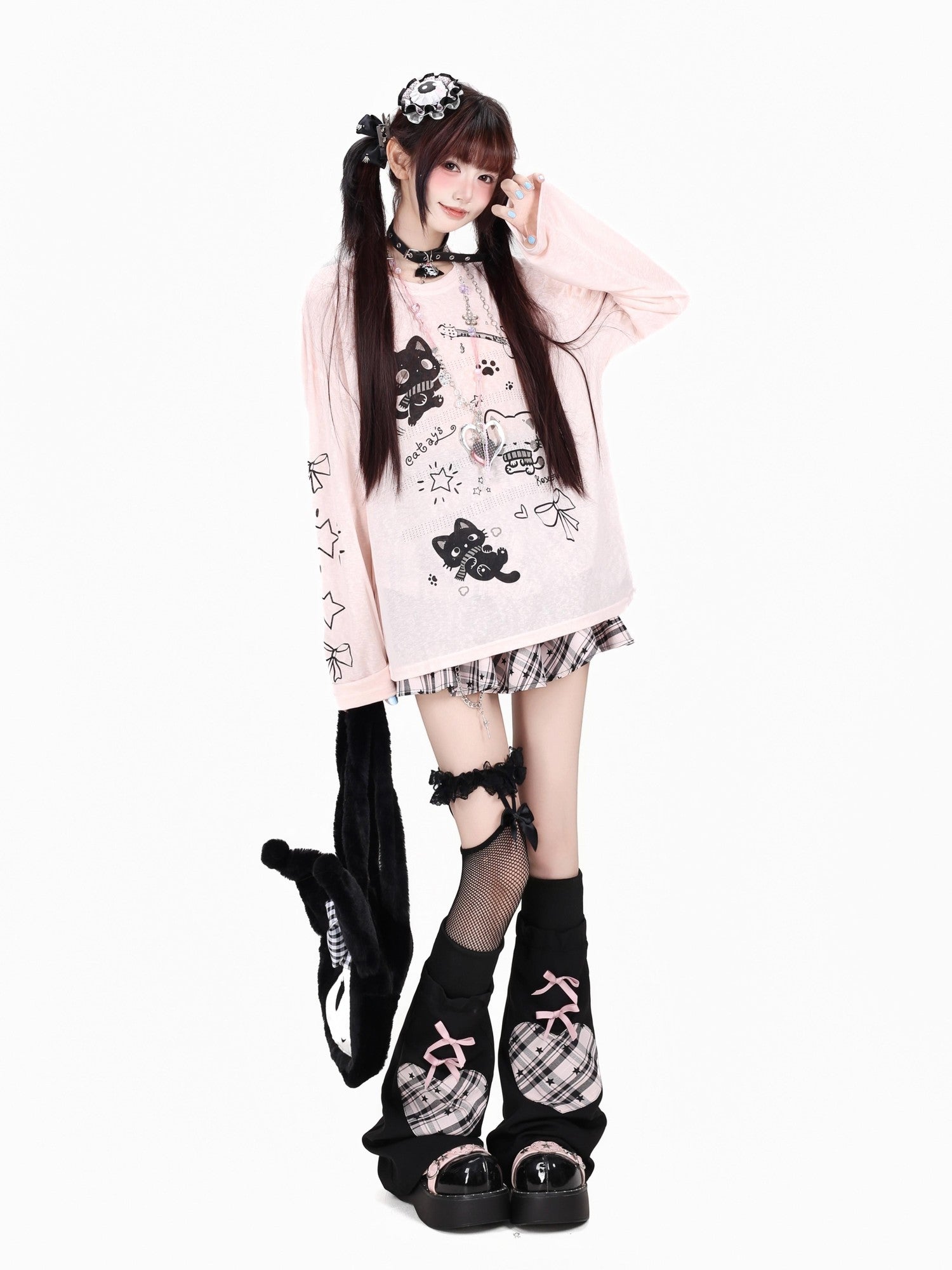 CRAZYGIRL Cute Guitar Kitten Printed Round Neck Loose Women's Sheer Long Sleeve T-shirts