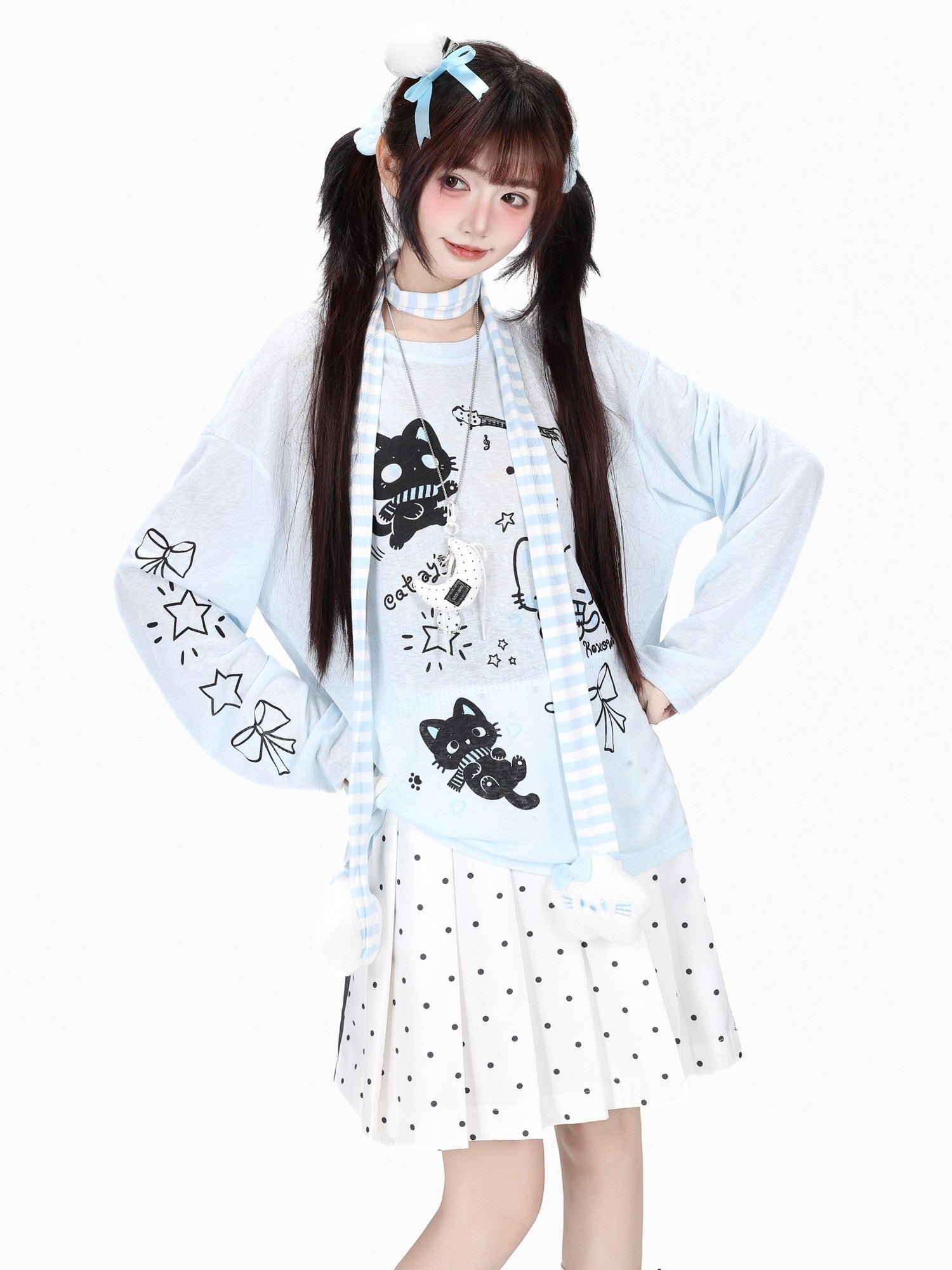CRAZYGIRL Cute Guitar Kitten Printed Round Neck Loose Women's Sheer Long Sleeve T-shirts
