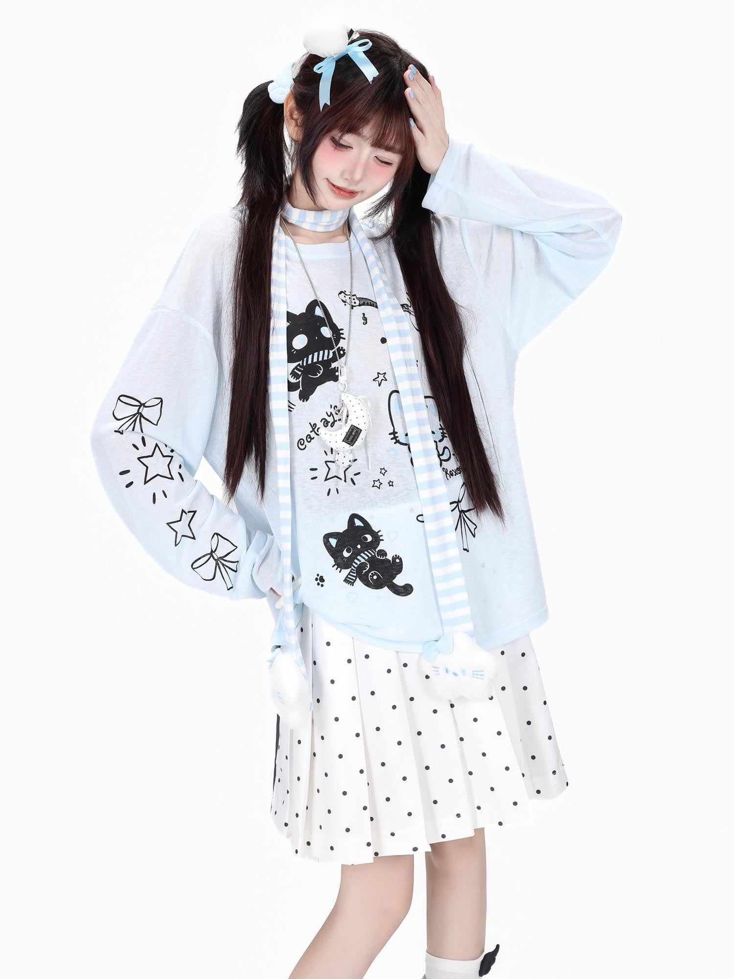 CRAZYGIRL Cute Guitar Kitten Printed Round Neck Loose Women's Sheer Long Sleeve T-shirts