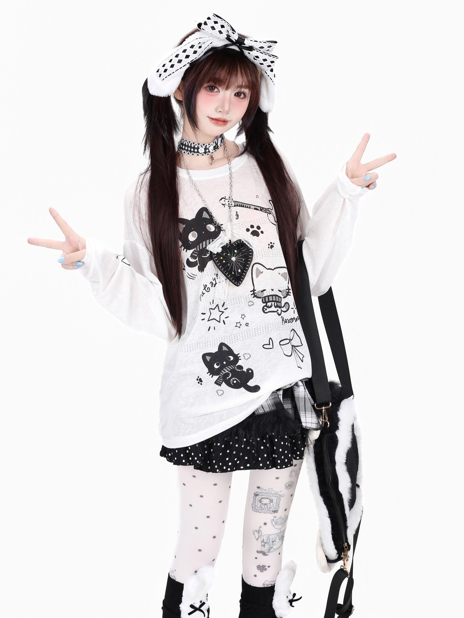 CRAZYGIRL Cute Guitar Kitten Printed Round Neck Loose Women's Sheer Long Sleeve T-shirts