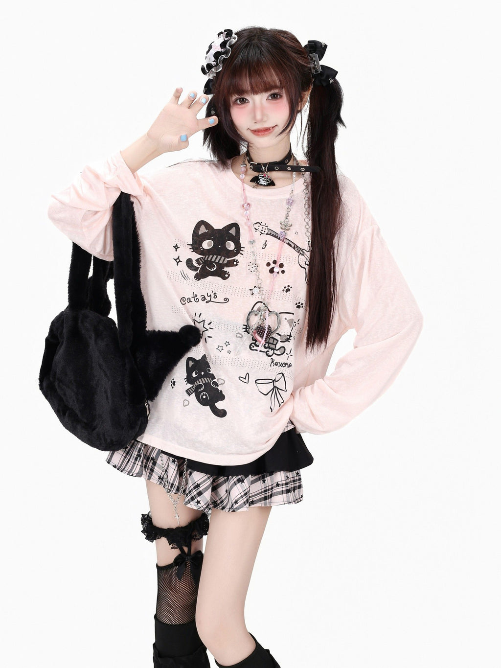 CRAZYGIRL Cute Guitar Kitten Printed Round Neck Loose Women's Sheer Long Sleeve T-shirts