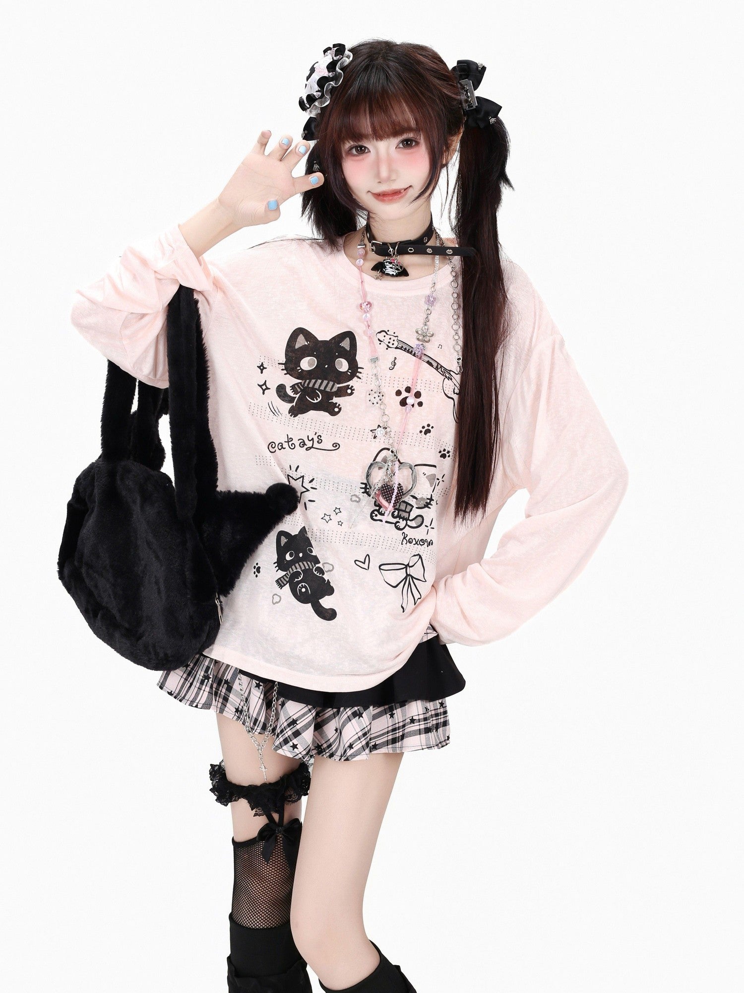 CRAZYGIRL Cute Guitar Kitten Printed Round Neck Loose Women's Sheer Long Sleeve T-shirts
