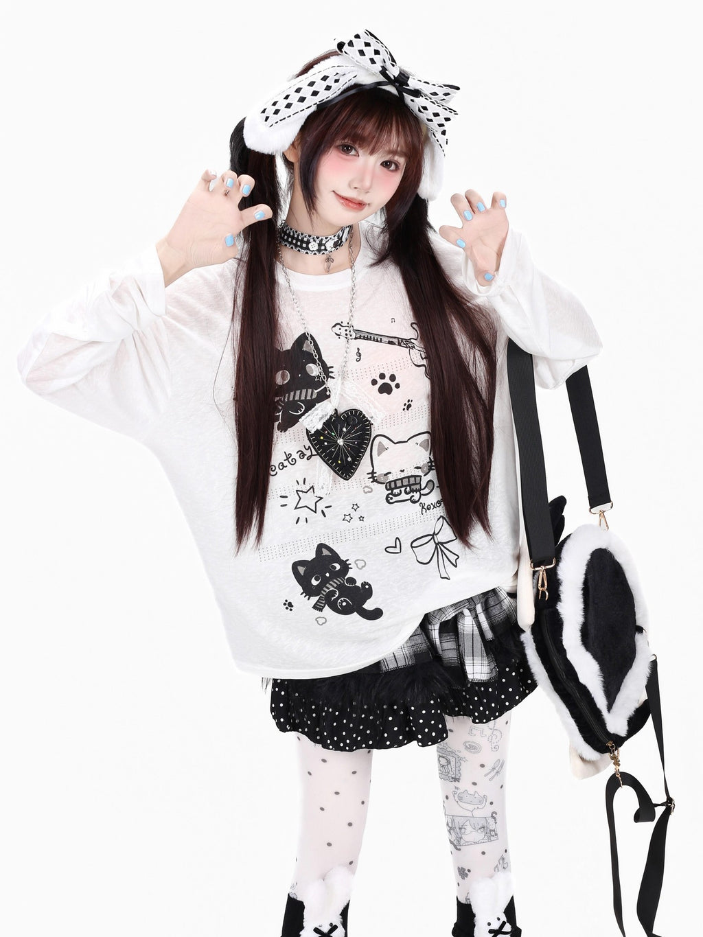 CRAZYGIRL Cute Guitar Kitten Printed Round Neck Loose Women's Sheer Long Sleeve T-shirts