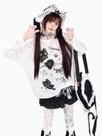 CRAZYGIRL Cute Guitar Kitten Printed Round Neck Loose Women's Sheer Long Sleeve T-shirts