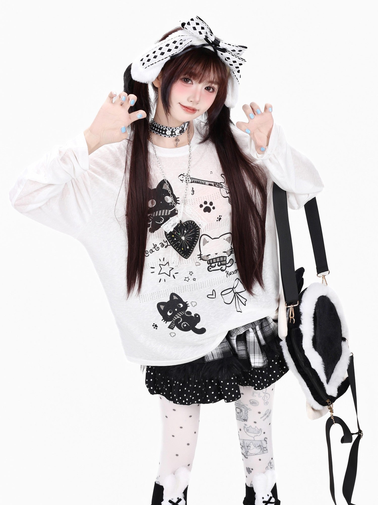 CRAZYGIRL Cute Guitar Kitten Printed Round Neck Loose Women's Sheer Long Sleeve T-shirts