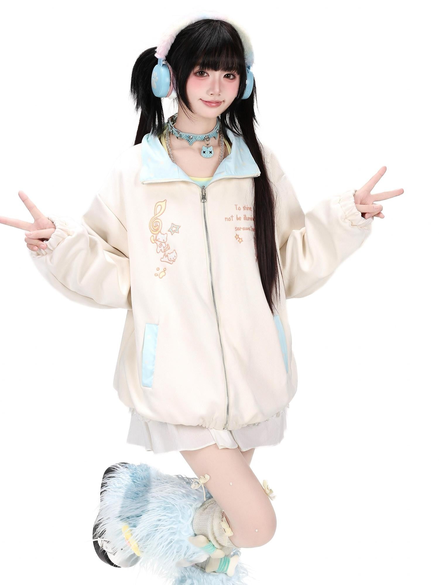 CRAZYGIRL Cute Kitten Polka Dot Reversible Loose Women's Suede Leather Jackets