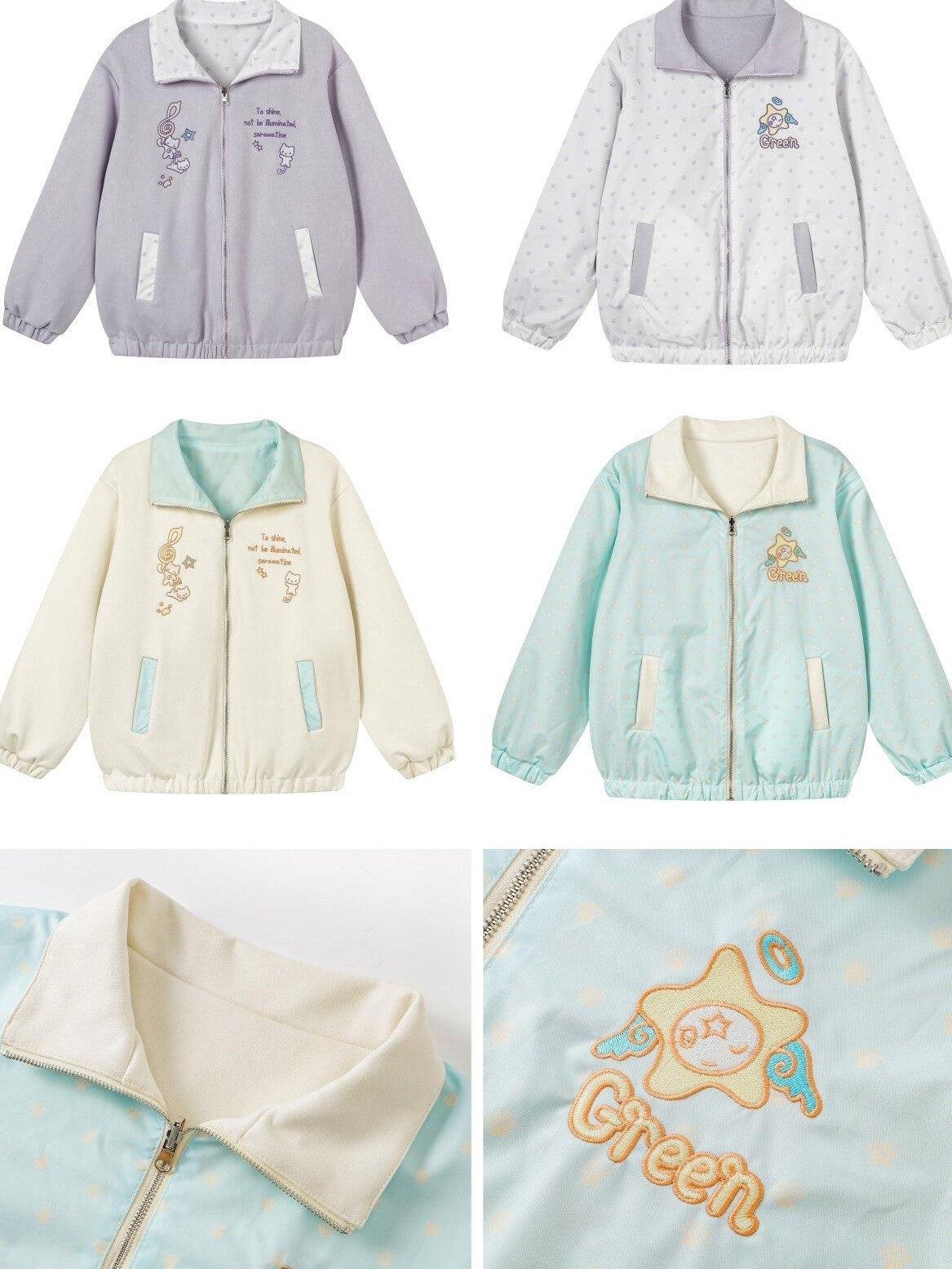 CRAZYGIRL Cute Kitten Polka Dot Reversible Loose Women's Suede Leather Jackets