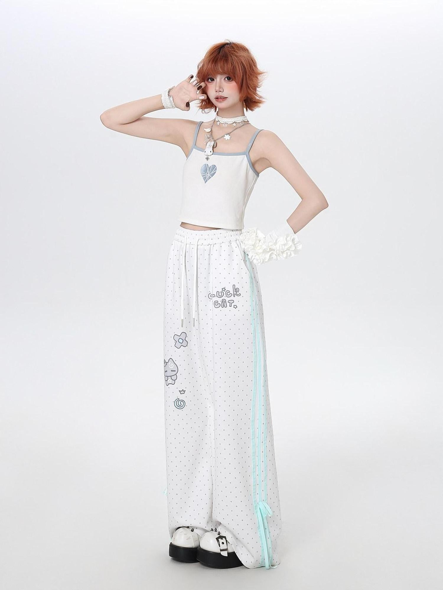 CRAZYGIRL Cute Polka Dot Stripe High Waist Women's Loose Athletic Straight Pants