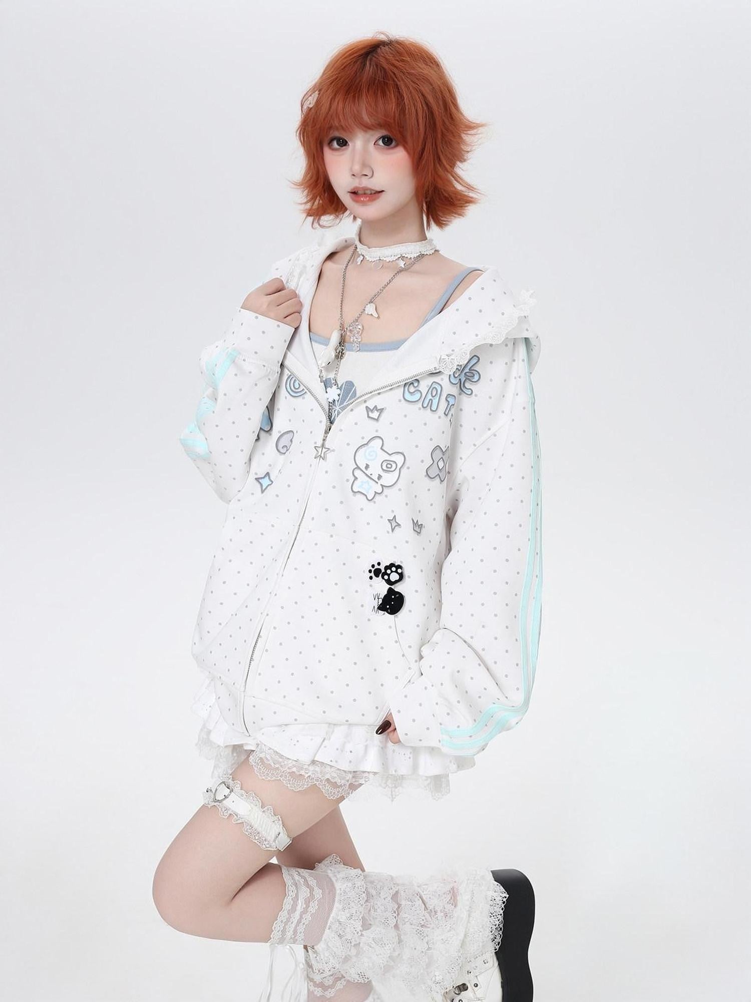 CRAZYGIRL Cute Polka Dot Stripe Zip Hooded Loose Women's Other Material Hoodies