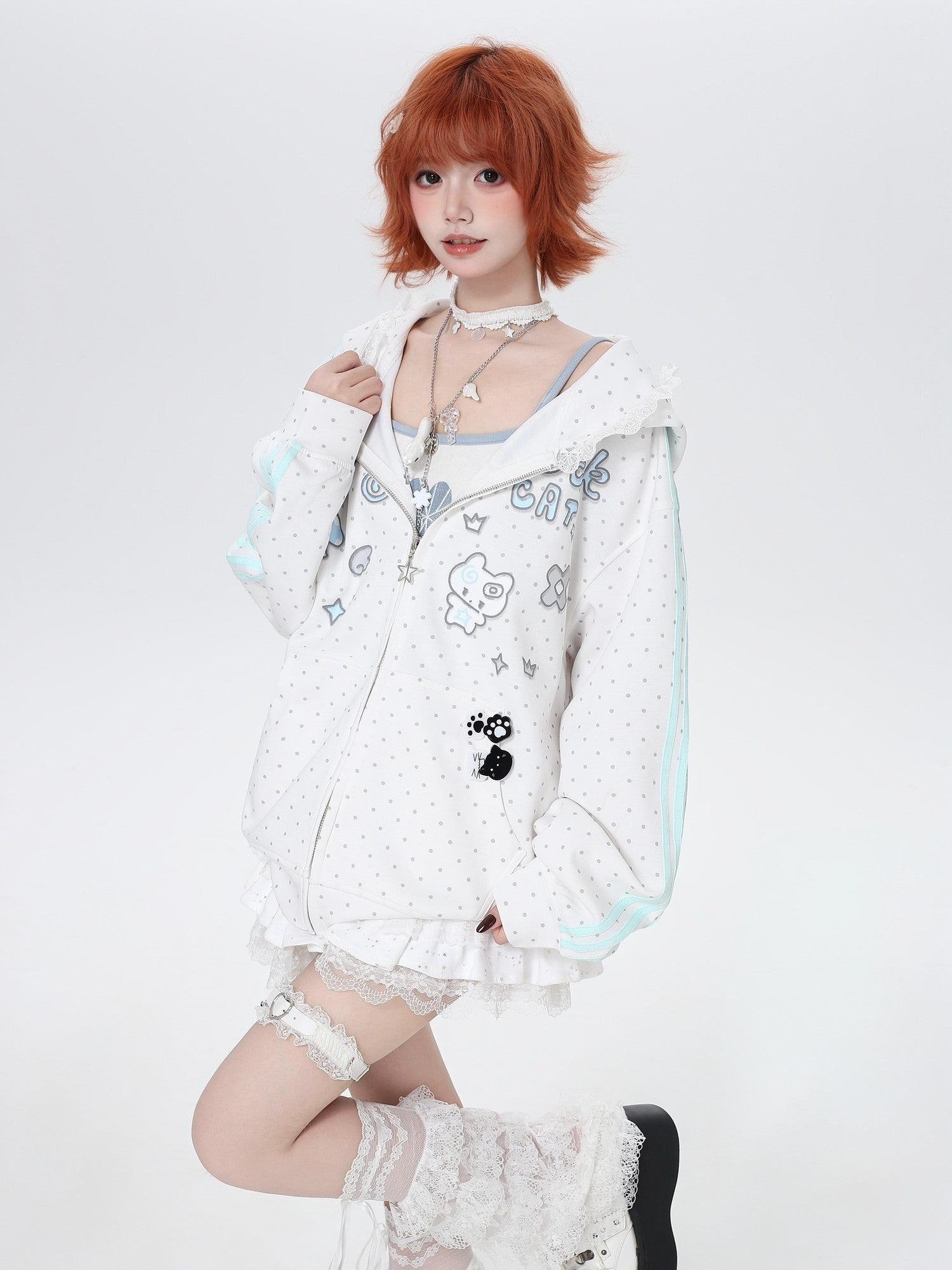 CRAZYGIRL Cute Polka Dot Stripe Zip Hooded Loose Women's Other Material Hoodies