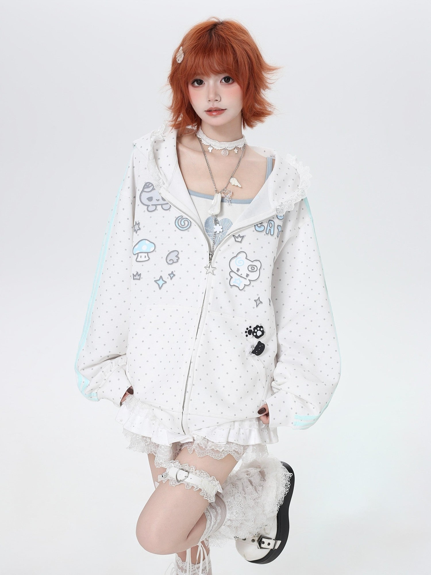 CRAZYGIRL Cute Polka Dot Stripe Zip Hooded Loose Women's Other Material Hoodies