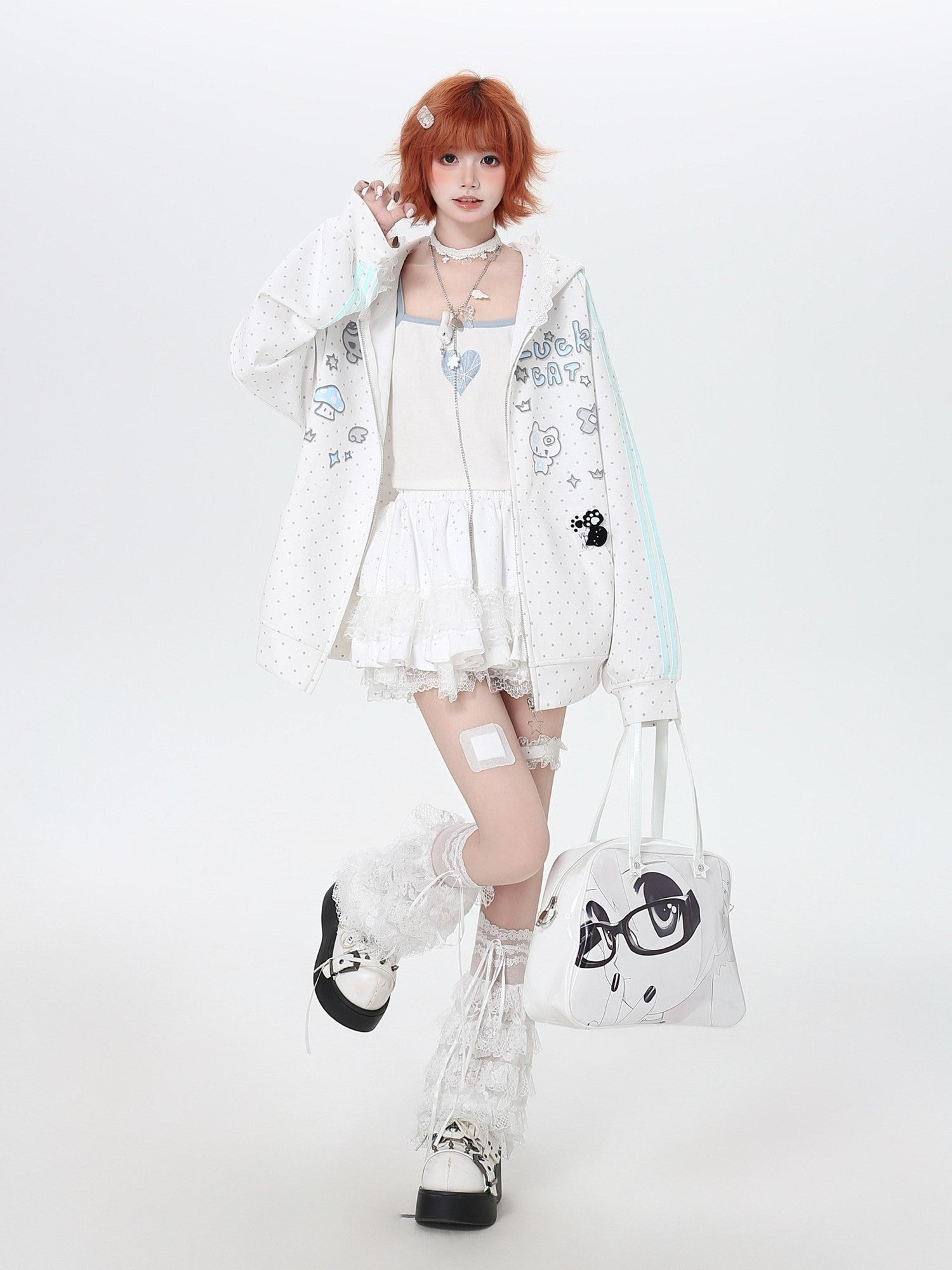 CRAZYGIRL Cute Polka Dot Stripe Zip Hooded Loose Women's Other Material Hoodies