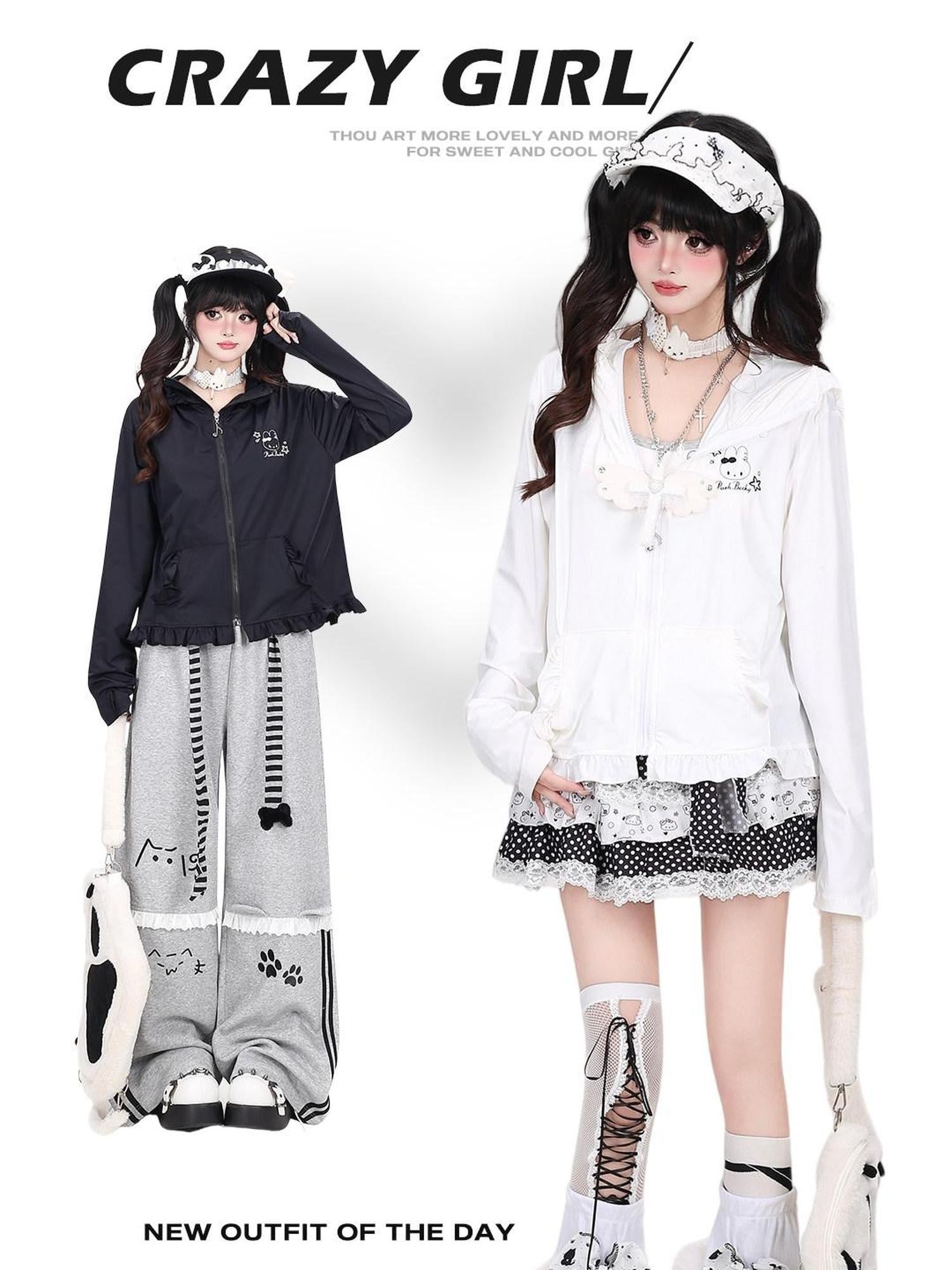 CRAZYGIRL Cute Rabbit Ear Hood Ruffle Zip Uv Protection Women's Lightweight Jackets