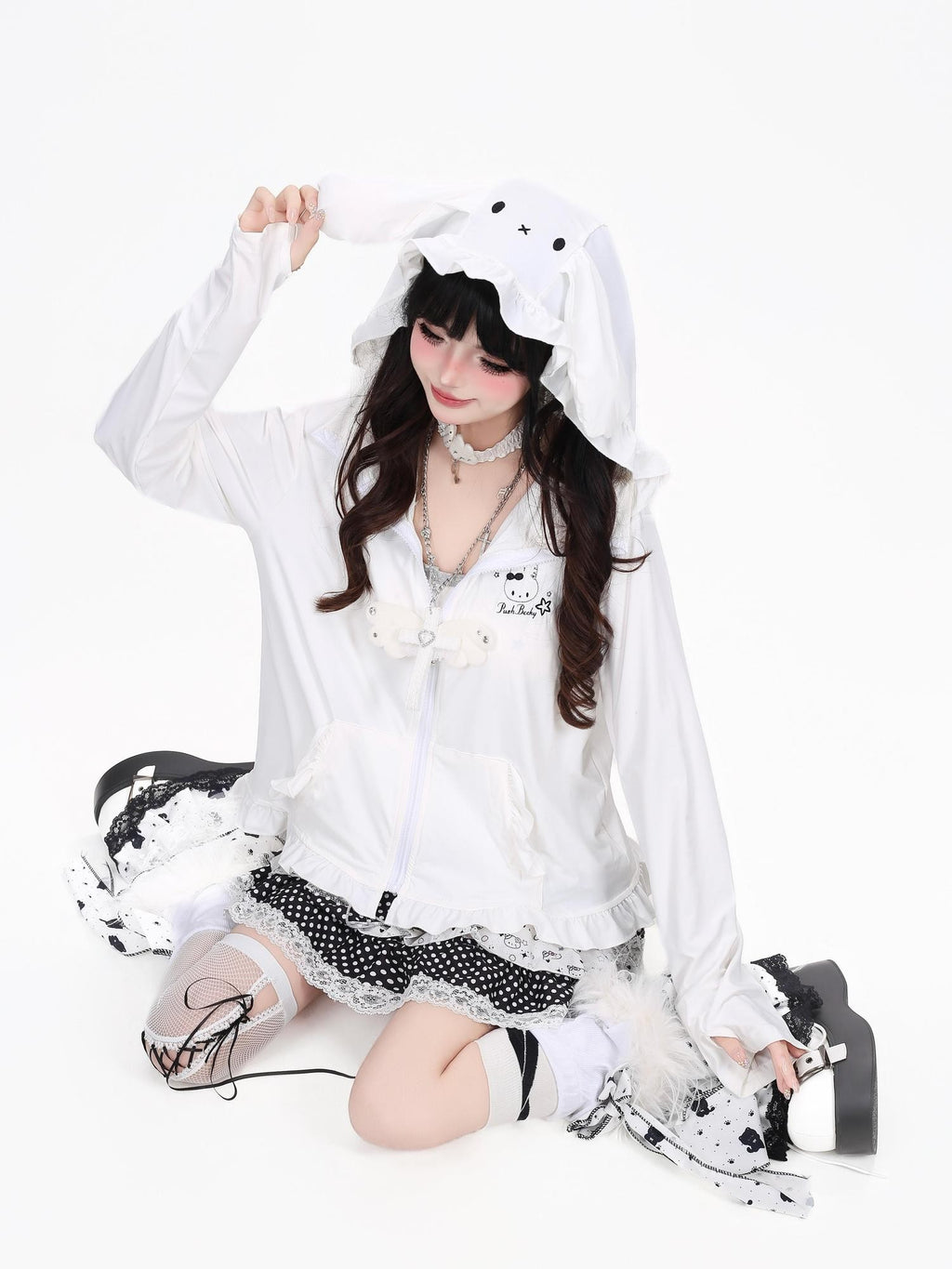 CRAZYGIRL Cute Rabbit Ear Hood Ruffle Zip Uv Protection Women's Lightweight Jackets