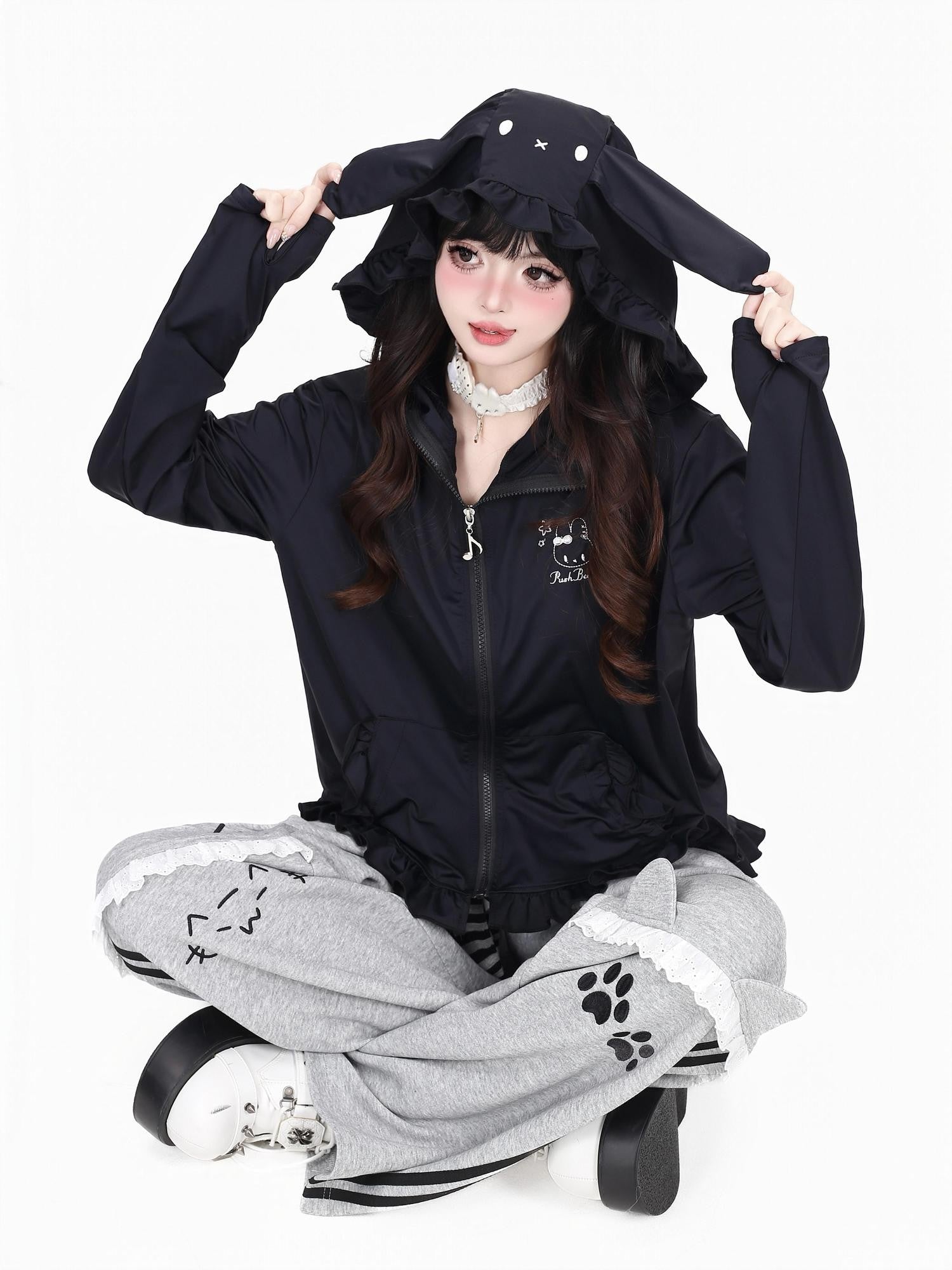 CRAZYGIRL Cute Rabbit Ear Hood Ruffle Zip Uv Protection Women's Lightweight Jackets
