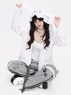 CRAZYGIRL Cute Rabbit Ear Hood Ruffle Zip Uv Protection Women's Lightweight Jackets