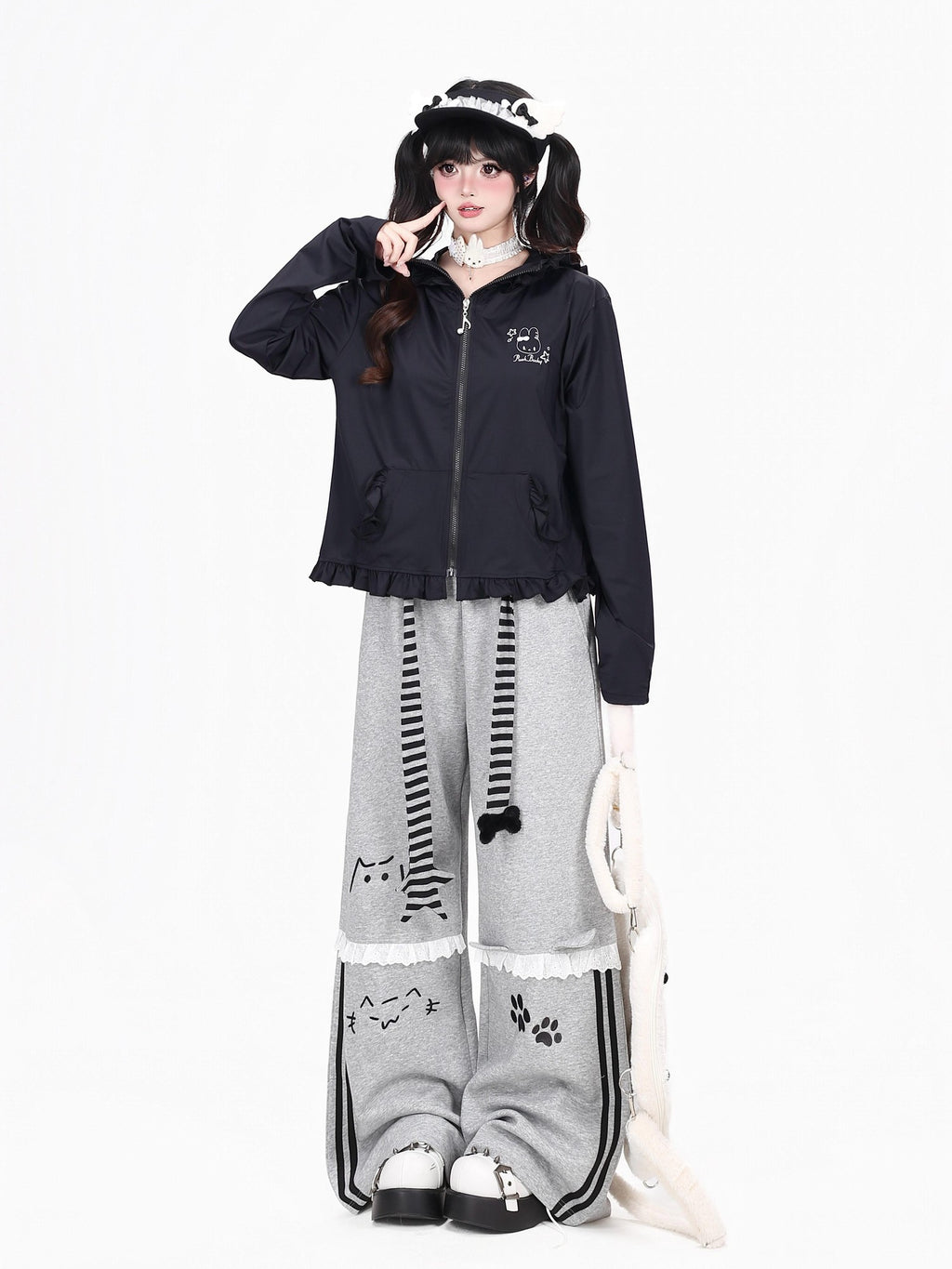 CRAZYGIRL Cute Rabbit Ear Hood Ruffle Zip Uv Protection Women's Lightweight Jackets
