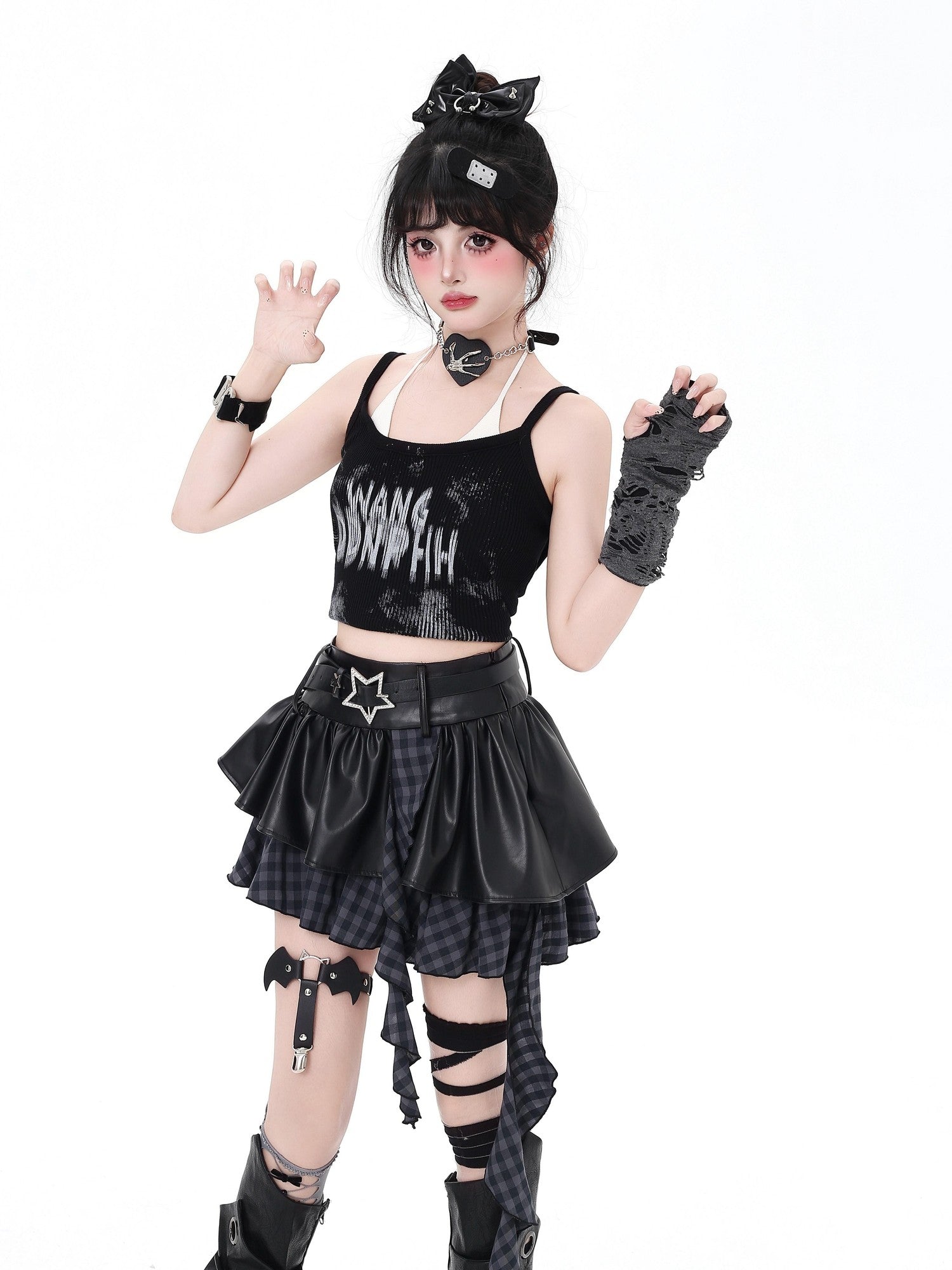 CRAZYGIRL Dark Asymmetric Designer Women's High Waist Zipper Leather Star Belt Mini Skirts
