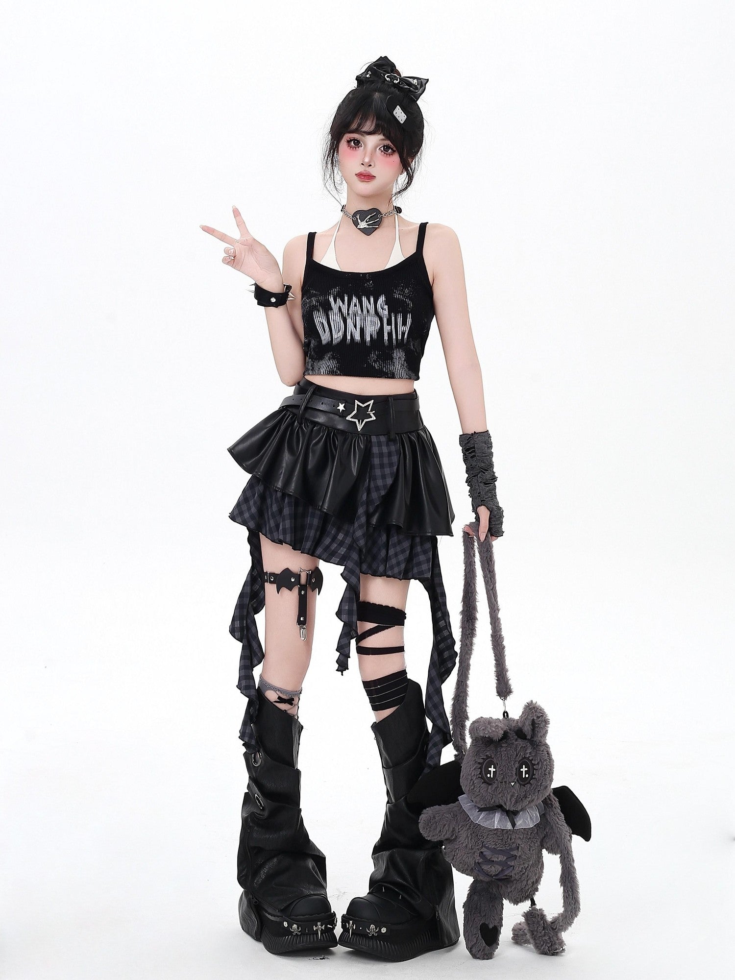 CRAZYGIRL Dark Asymmetric Designer Women's High Waist Zipper Leather Star Belt Mini Skirts