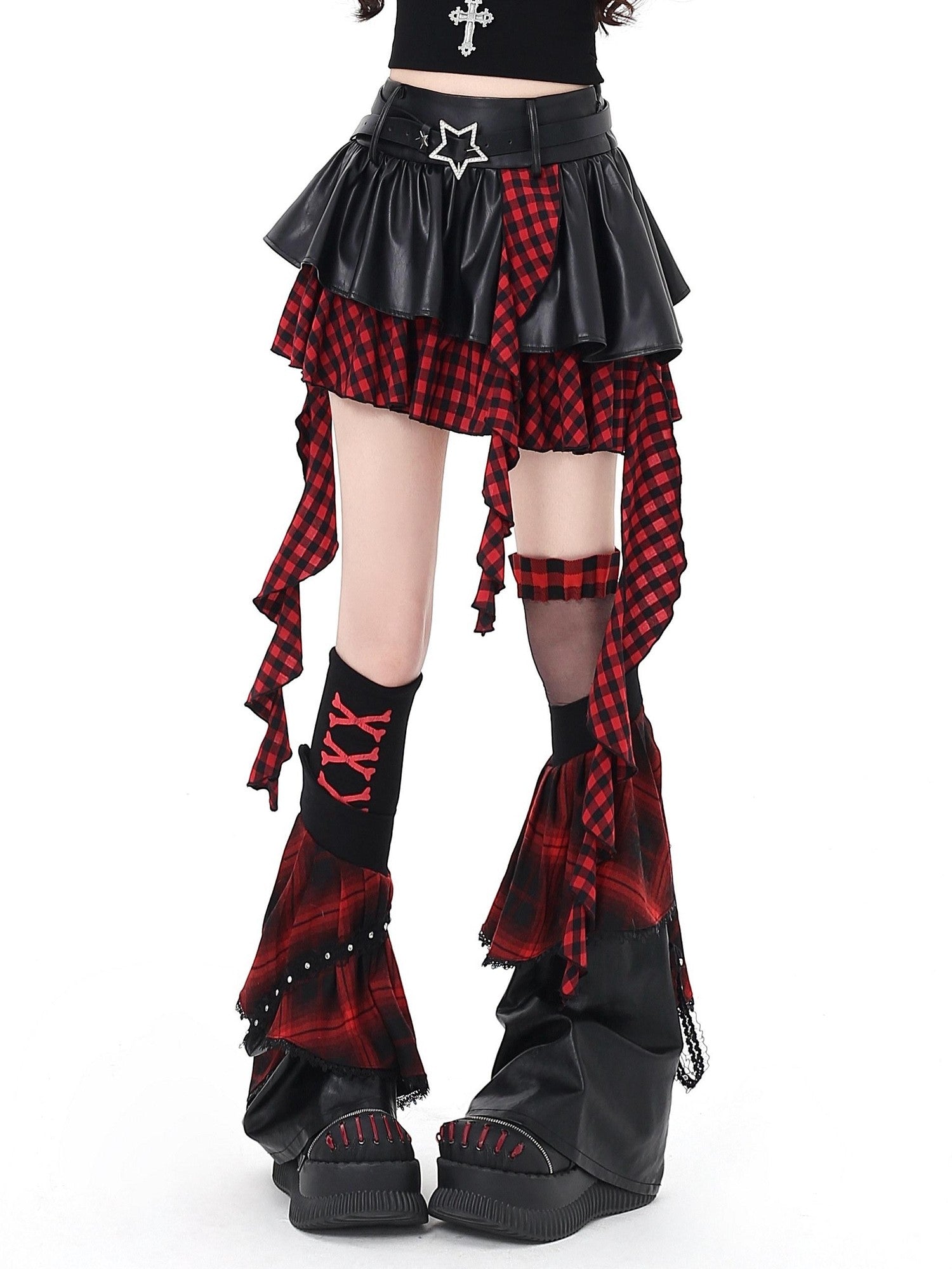 CRAZYGIRL Dark Asymmetric Designer Women's High Waist Zipper Leather Star Belt Mini Skirts