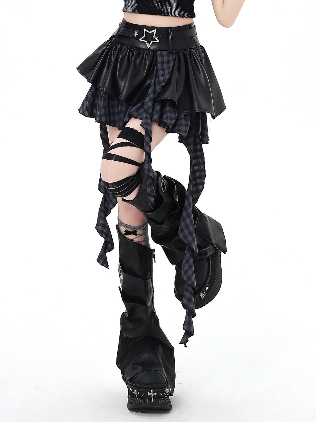 CRAZYGIRL Dark Asymmetric Designer Women's High Waist Zipper Leather Star Belt Mini Skirts