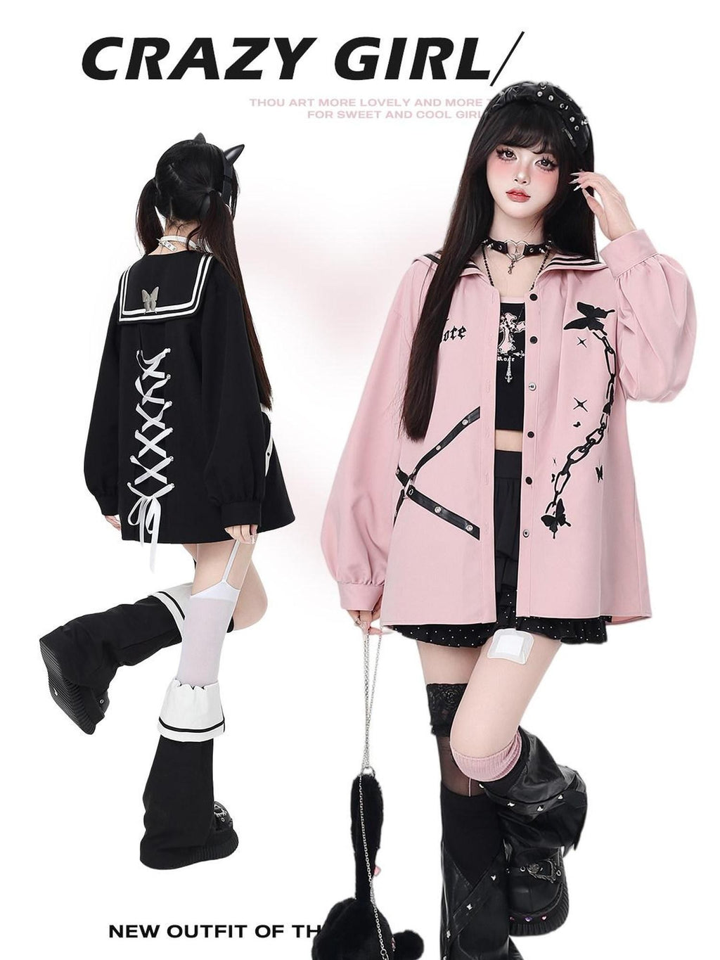 CRAZYGIRL Dark Butterfly Embroidery Sailor Collar Hooded Lantern Sleeve Women's Overshirts