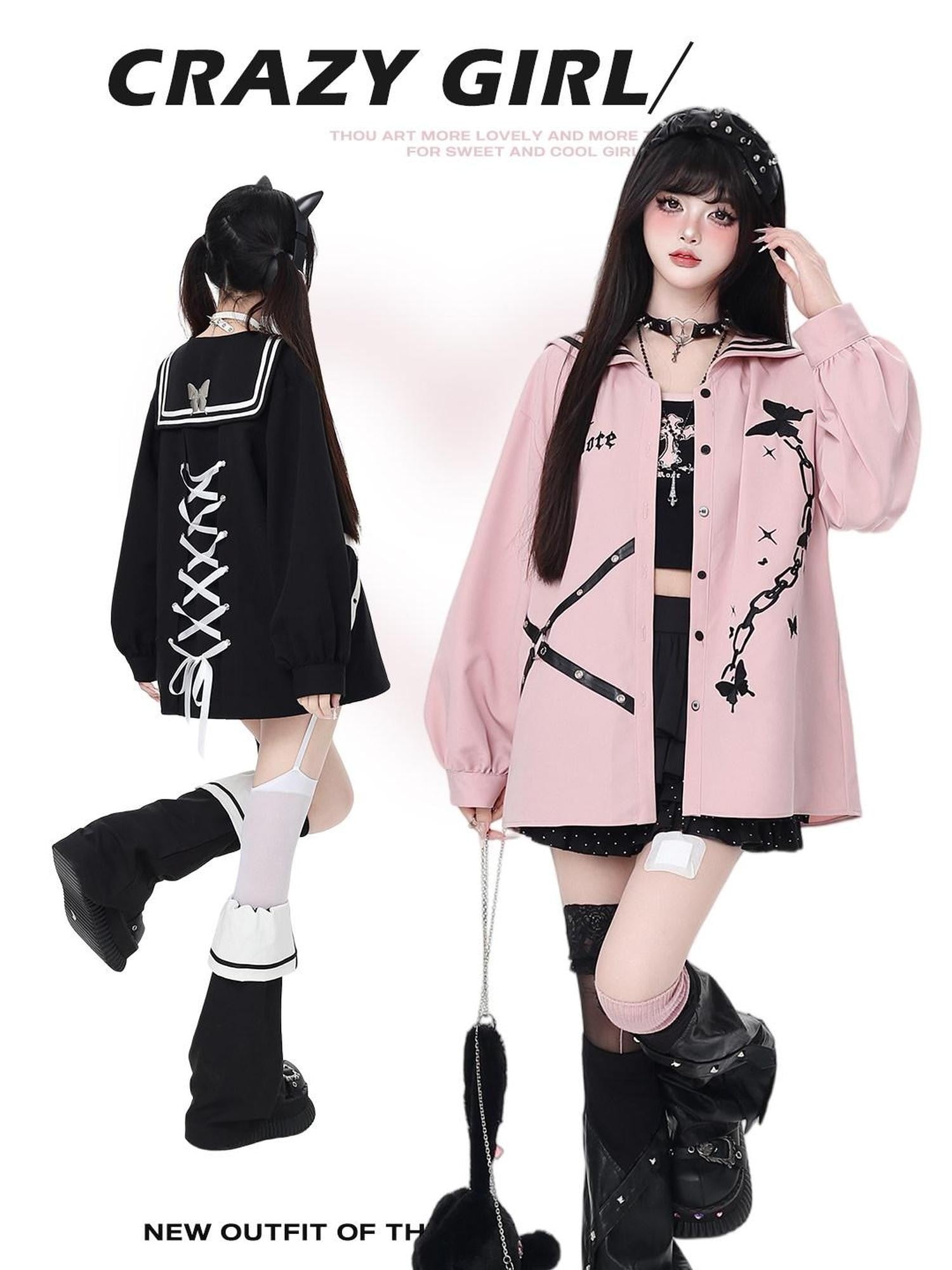 CRAZYGIRL Dark Butterfly Embroidery Sailor Collar Hooded Lantern Sleeve Women's Overshirts
