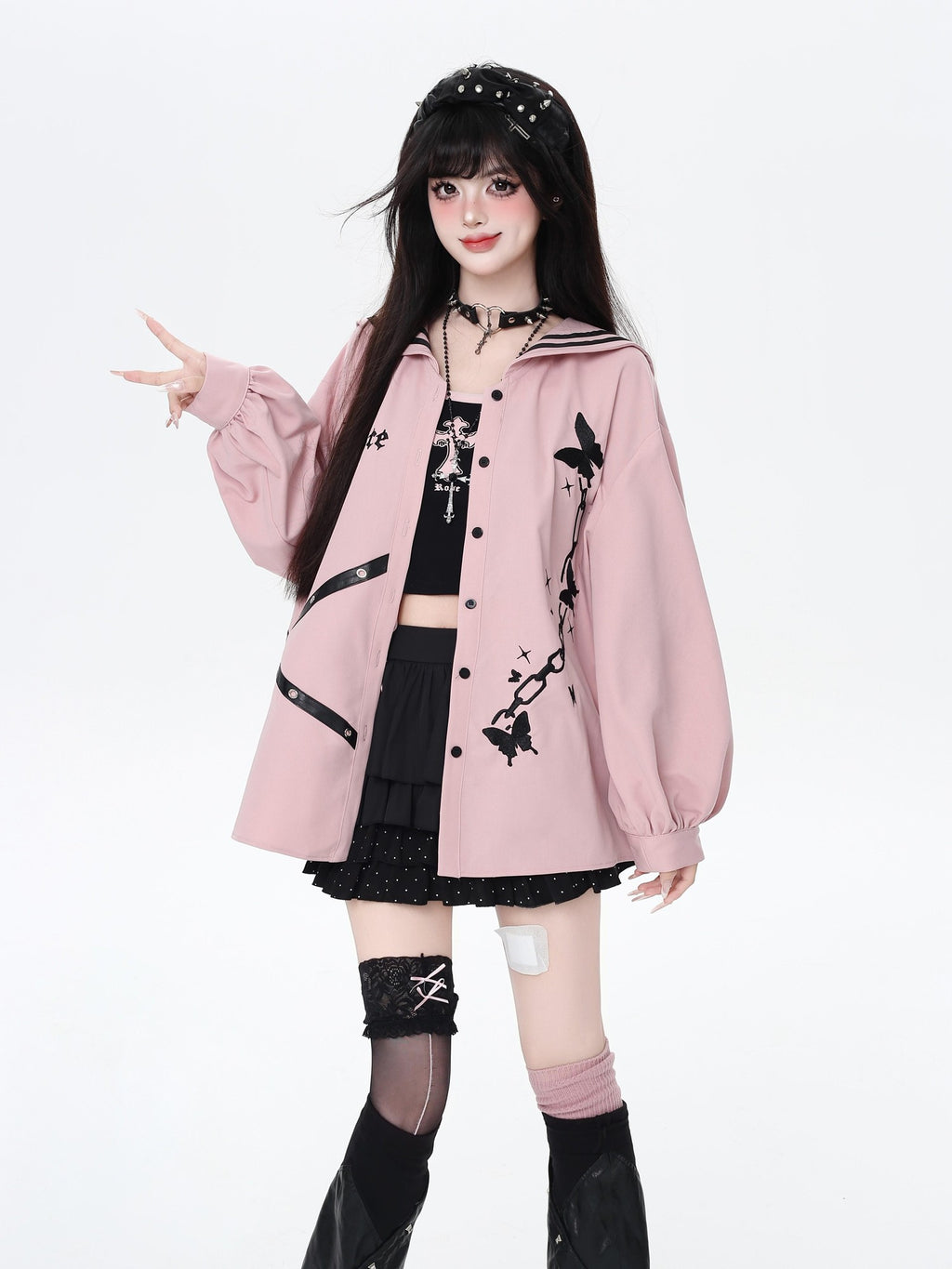 CRAZYGIRL Dark Butterfly Embroidery Sailor Collar Hooded Lantern Sleeve Women's Overshirts