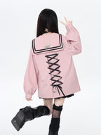 CRAZYGIRL Dark Butterfly Embroidery Sailor Collar Hooded Lantern Sleeve Women's Overshirts