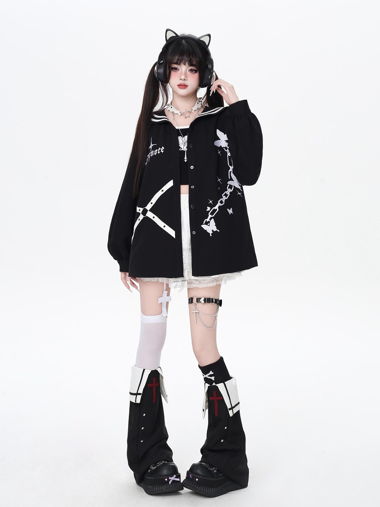 CRAZYGIRL Dark Butterfly Embroidery Sailor Collar Hooded Lantern Sleeve Women's Overshirts