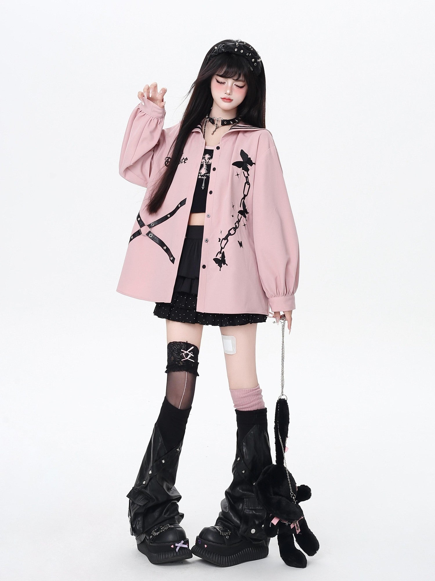CRAZYGIRL Dark Butterfly Embroidery Sailor Collar Hooded Lantern Sleeve Women's Overshirts