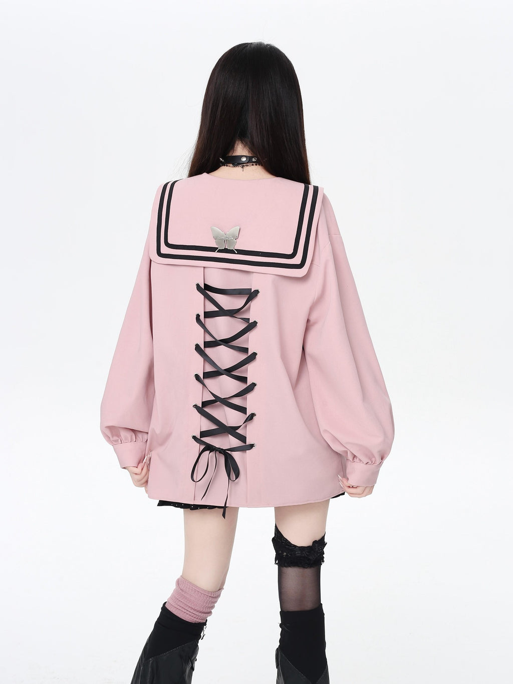 CRAZYGIRL Dark Butterfly Embroidery Sailor Collar Hooded Lantern Sleeve Women's Overshirts