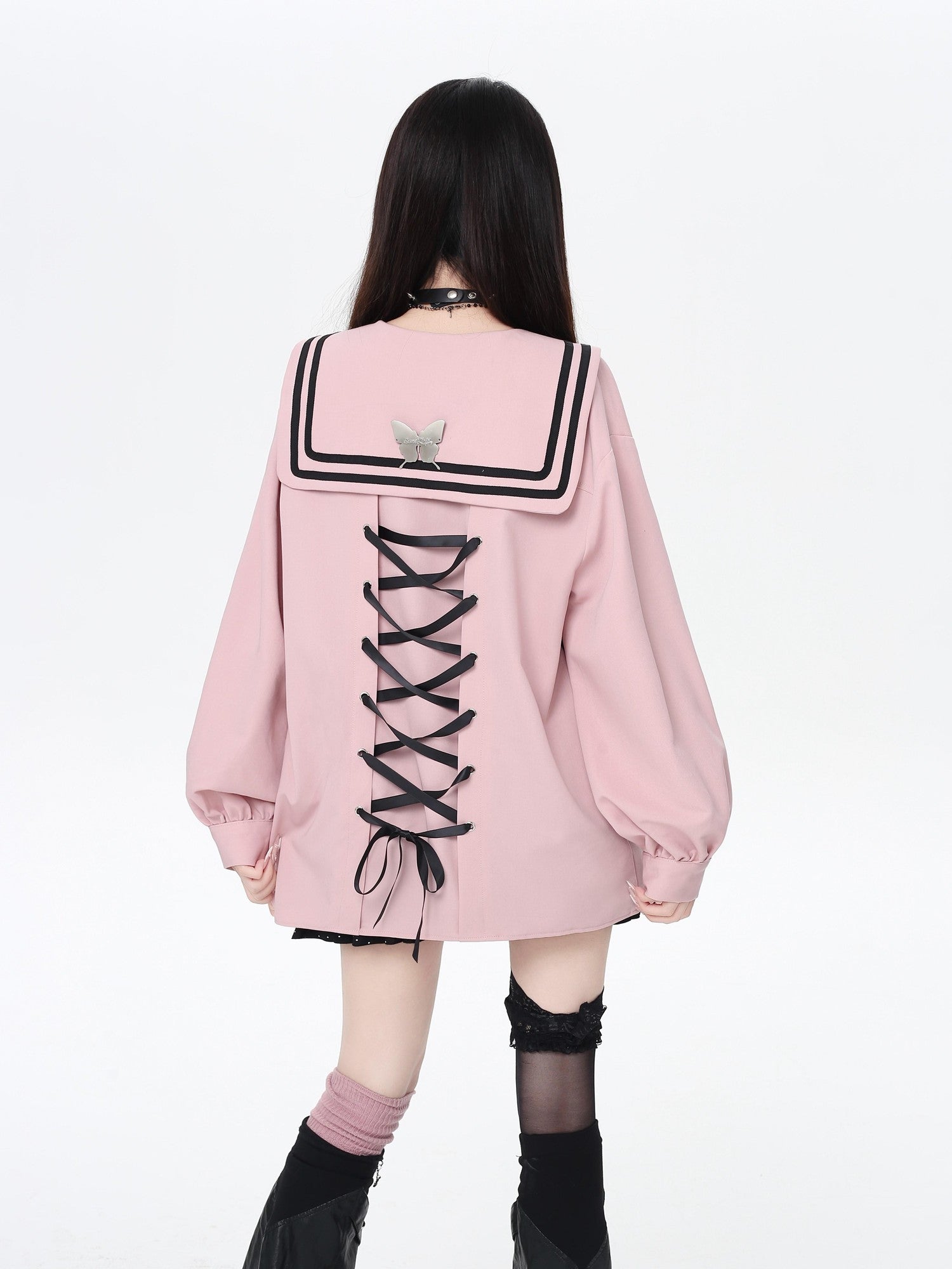 CRAZYGIRL Dark Butterfly Embroidery Sailor Collar Hooded Lantern Sleeve Women's Overshirts