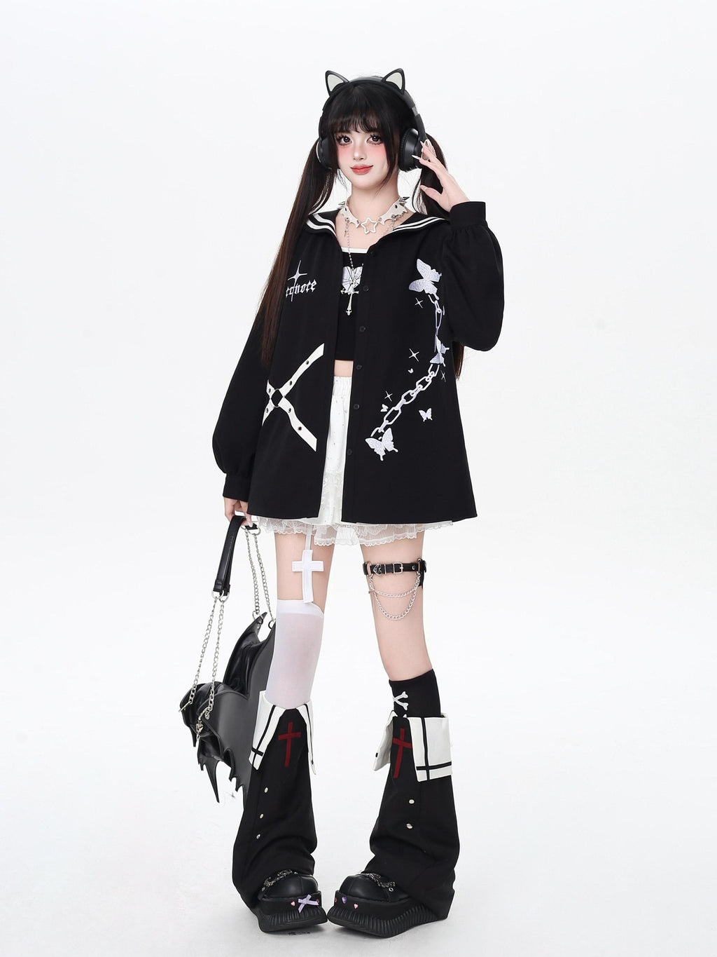 CRAZYGIRL Dark Butterfly Embroidery Sailor Collar Hooded Lantern Sleeve Women's Overshirts