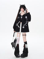 CRAZYGIRL Dark Butterfly Embroidery Sailor Collar Hooded Lantern Sleeve Women's Overshirts